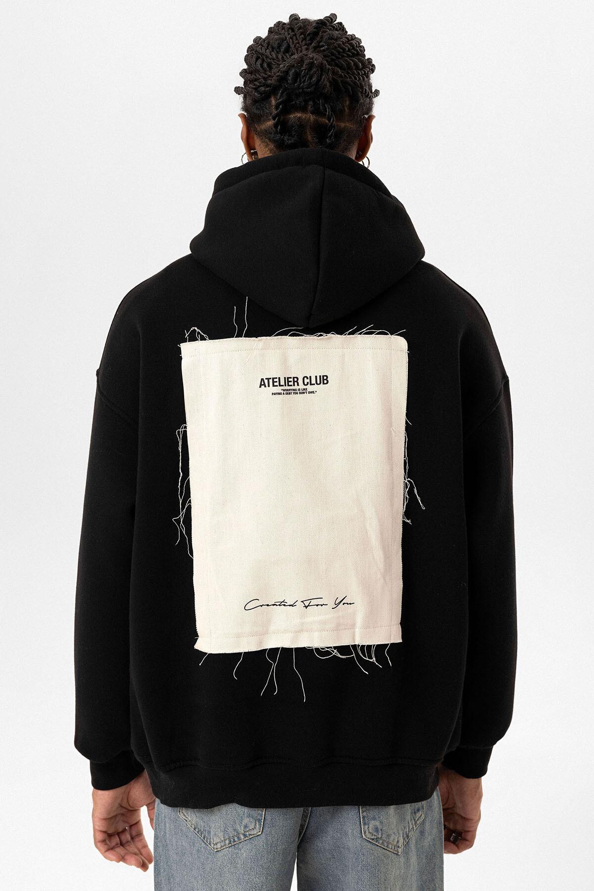 Etiket Detaylı Oversize Kapüşonlu Sweatshirt Siyah