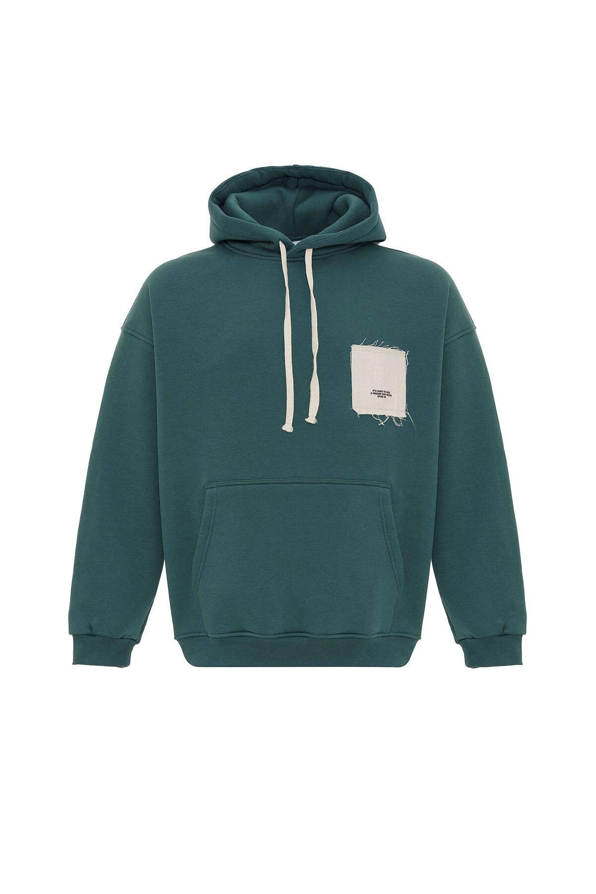 Etiket Detaylı Oversize Kapüşonlu Sweatshirt Petrol