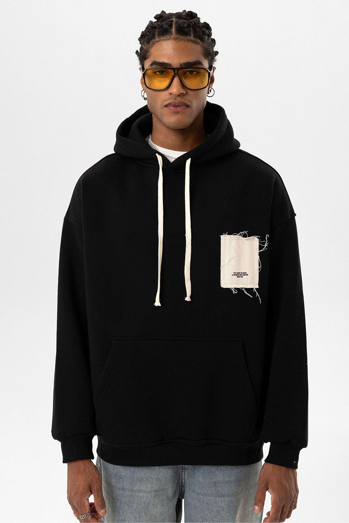 Etiket Detaylı Oversize Kapüşonlu Sweatshirt Siyah