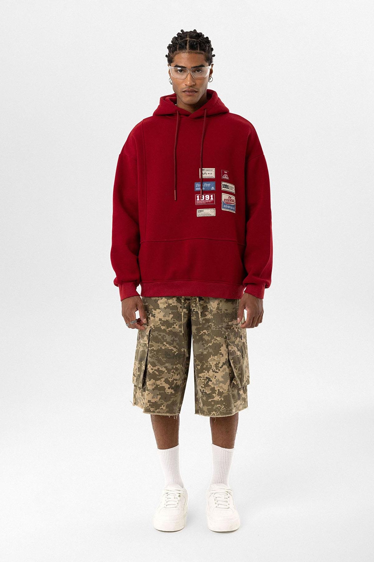 Etiket Detaylı Oversize Sweatshirt Bordo