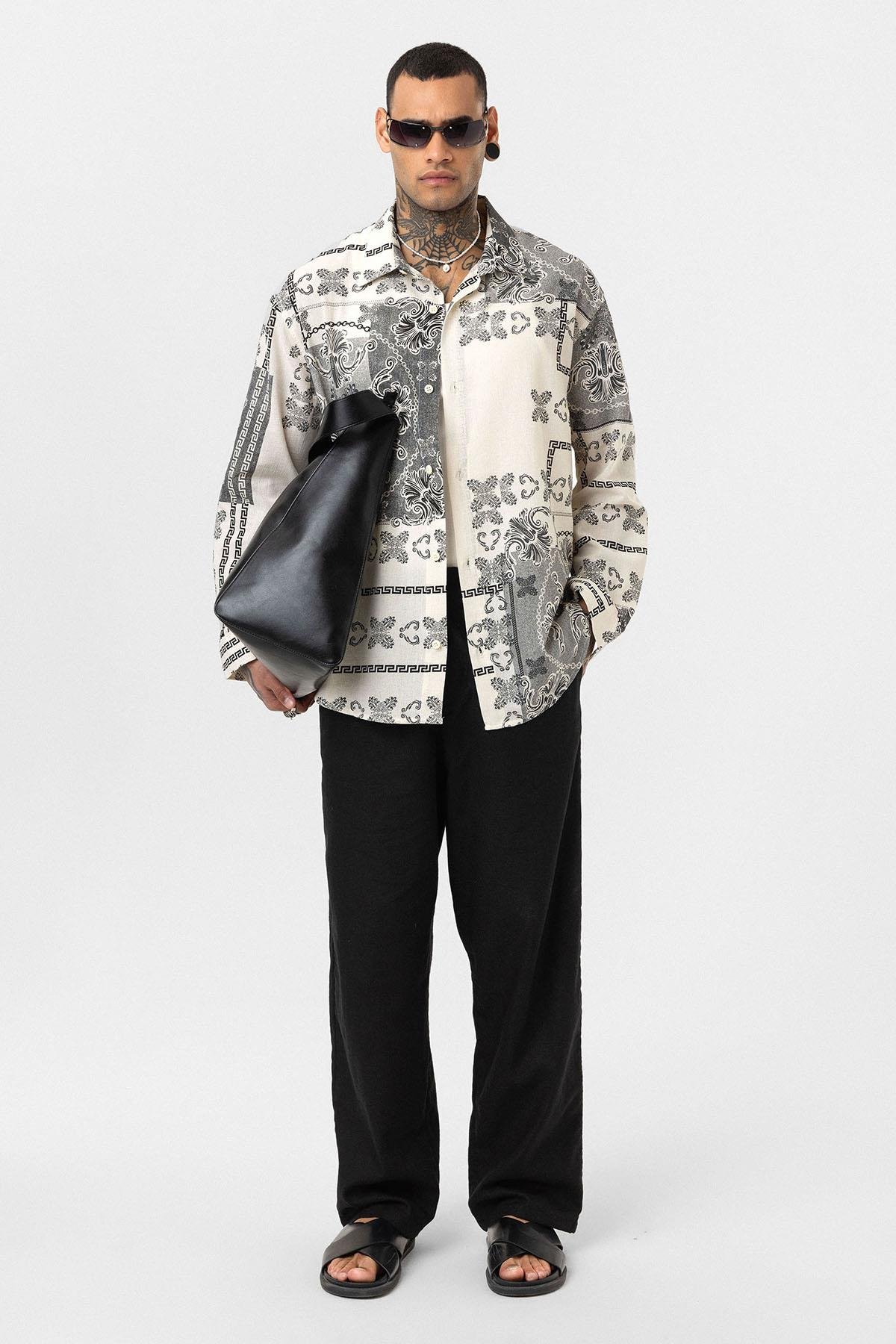 Etnik Desenli Oversize Gömlek Siyah