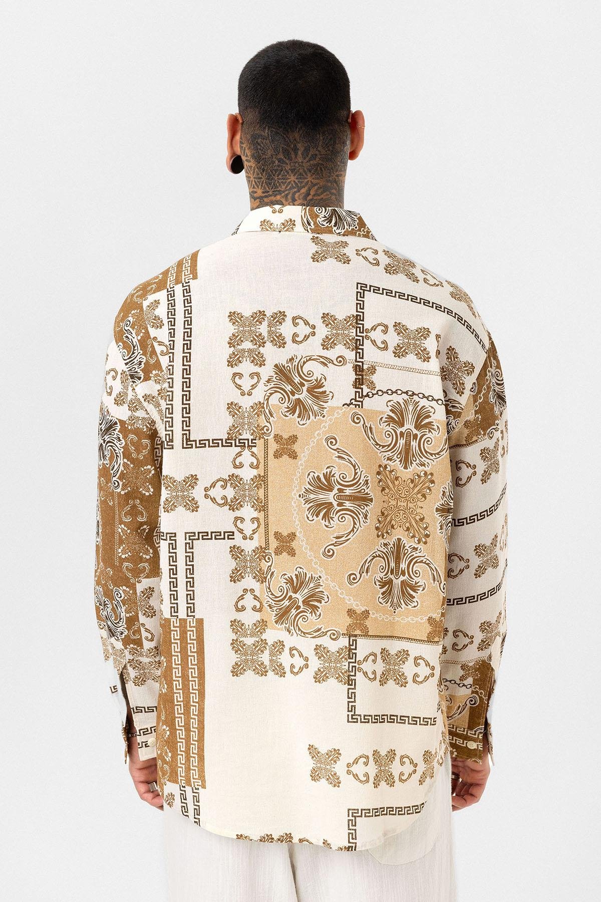 Etnik Desenli Oversize Gömlek Vizon