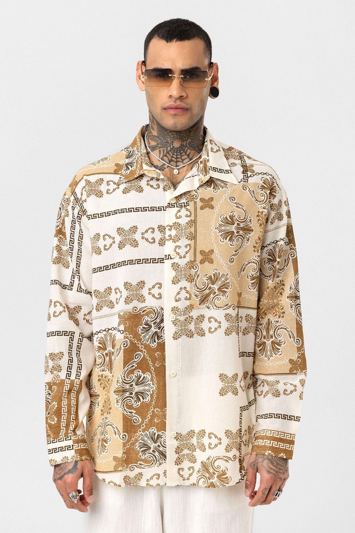 Etnik Desenli Oversize Gömlek Vizon