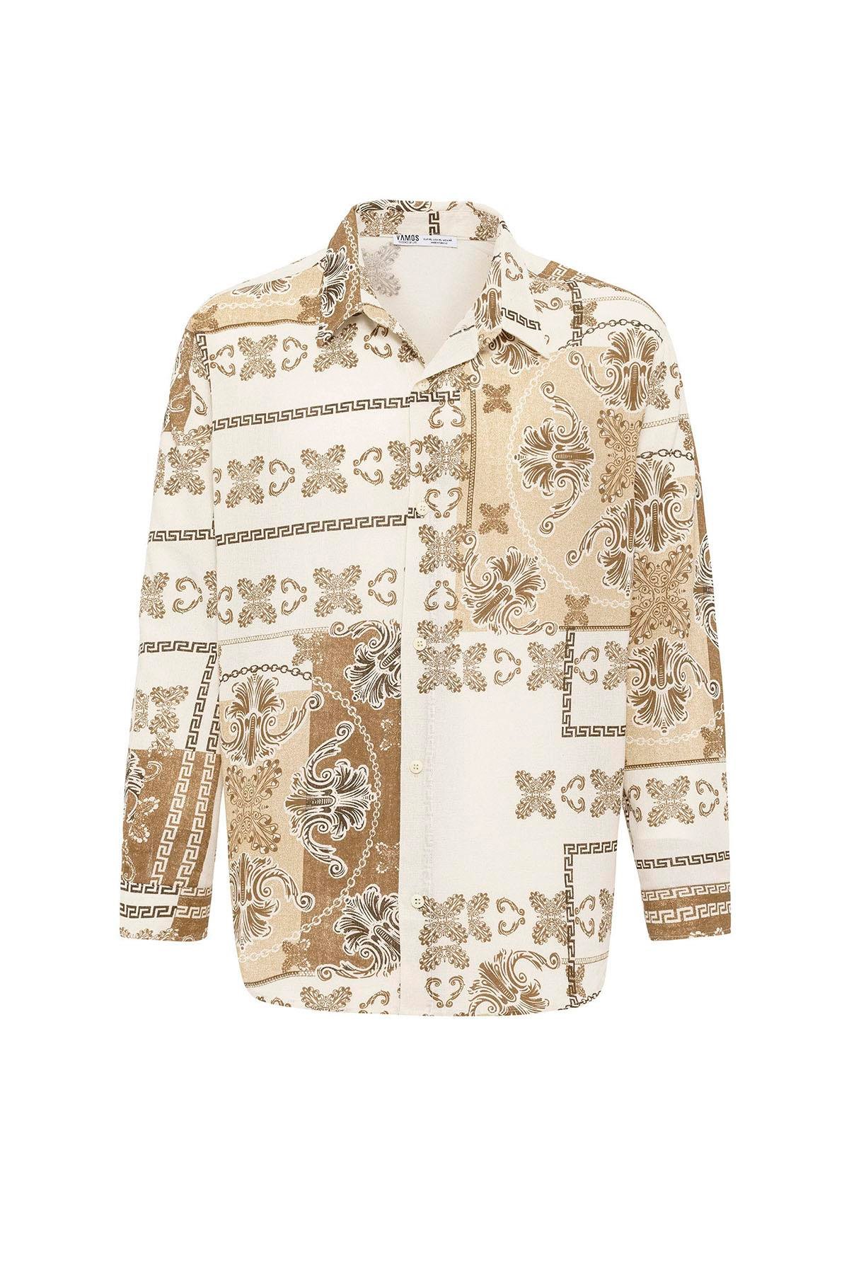 Etnik Desenli Oversize Gömlek Vizon