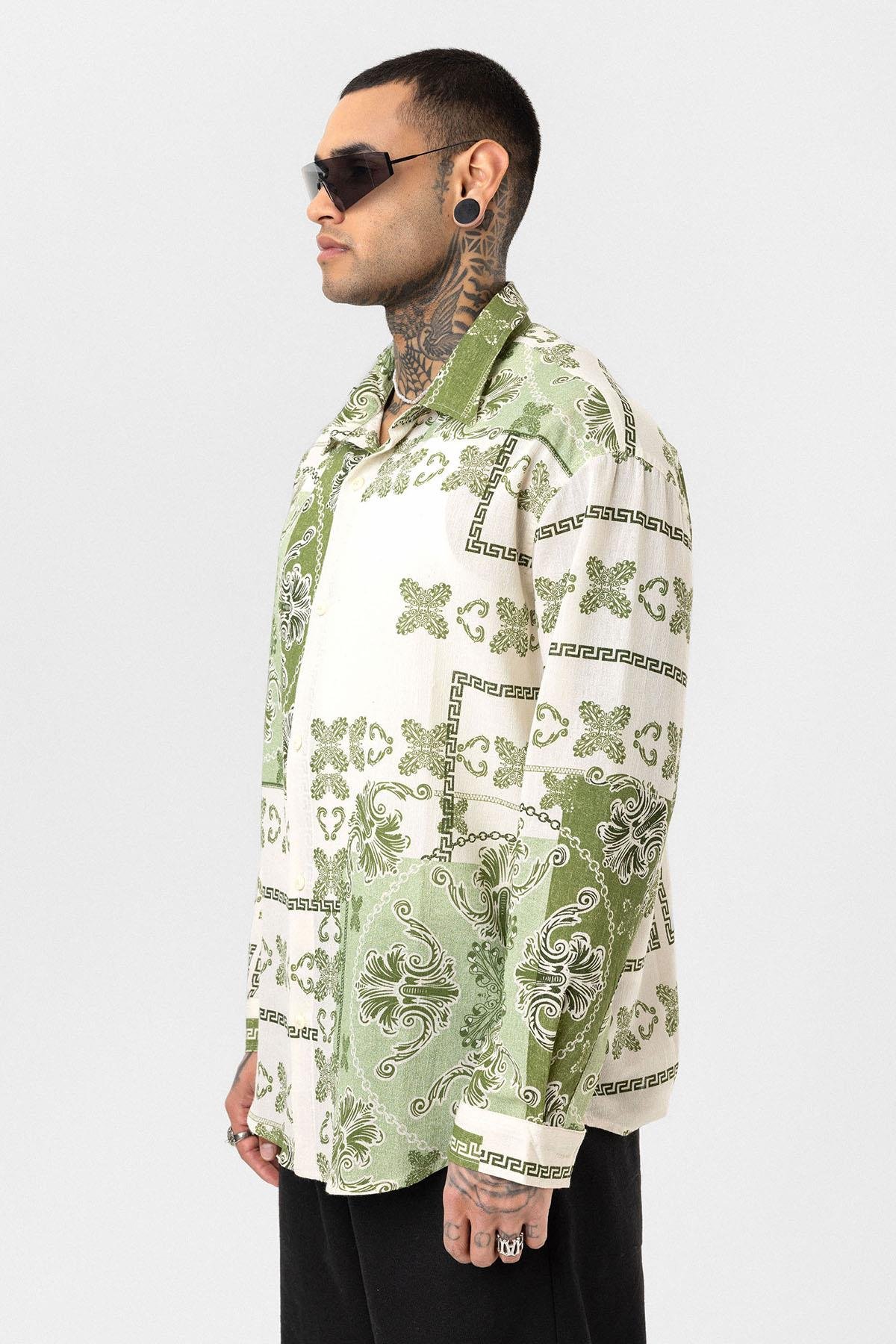 Etnik Desenli Oversize Gömlek Yeşil