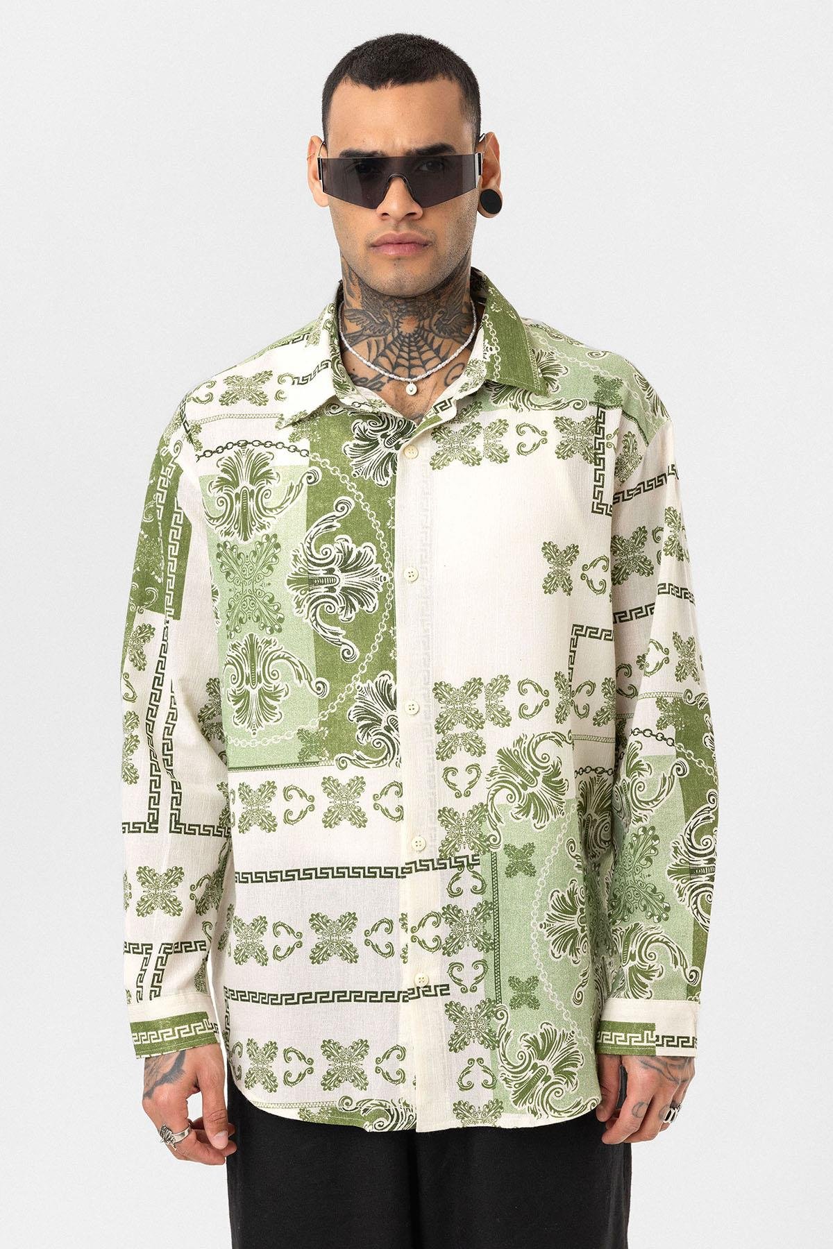 Etnik Desenli Oversize Gömlek Yeşil