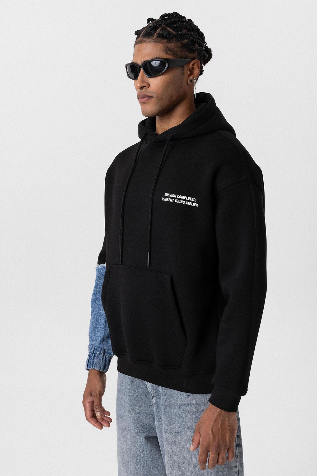 Kapüşonlu Kol Detaylı Oversize Sweatshirt Siyah