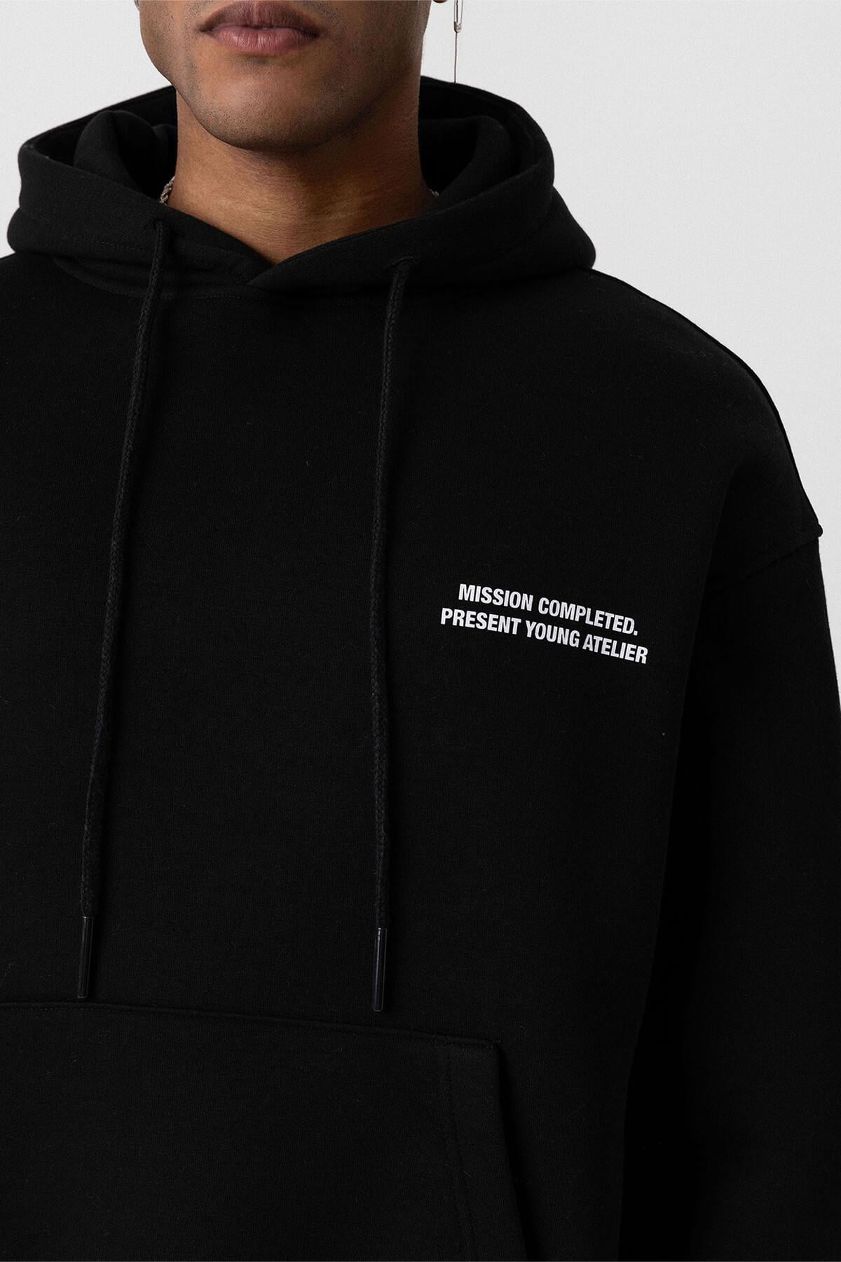 Kapüşonlu Kol Detaylı Oversize Sweatshirt Siyah