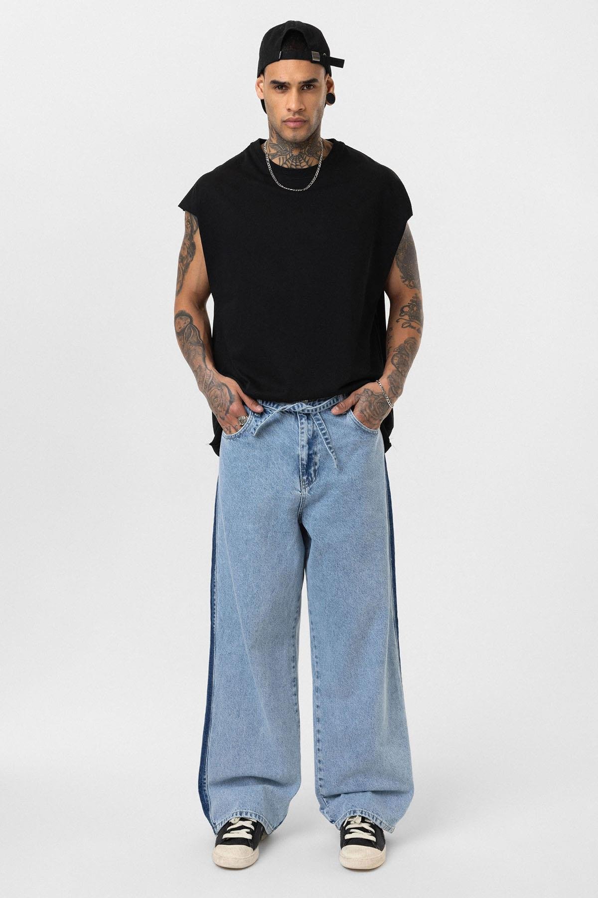 Kemer Detaylı Şeritli Baggy Jean Açık Mavi Melanj