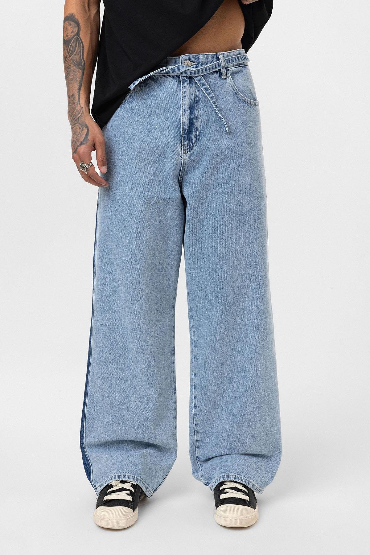 Kemer Detaylı Şeritli Baggy Jean Açık Mavi Melanj