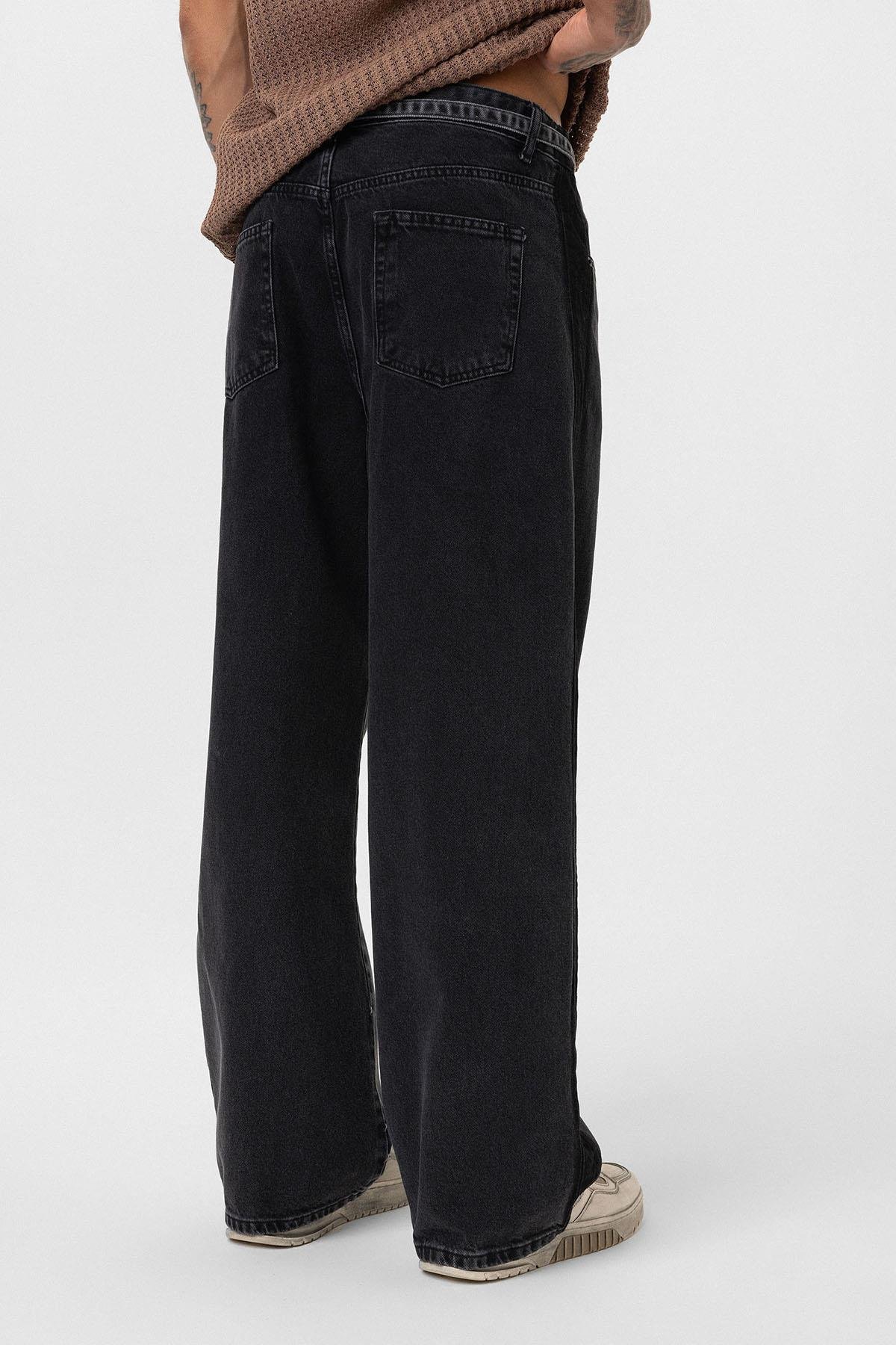 Kemer Detaylı Şeritli Baggy Jean Antrasit