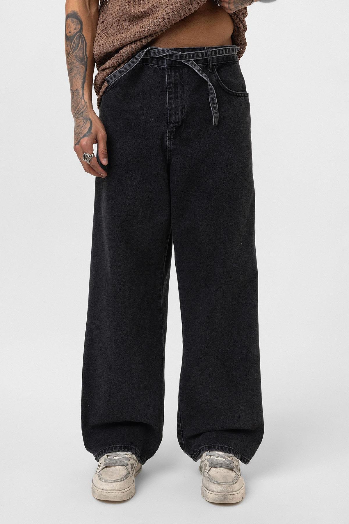Kemer Detaylı Şeritli Baggy Jean Antrasit