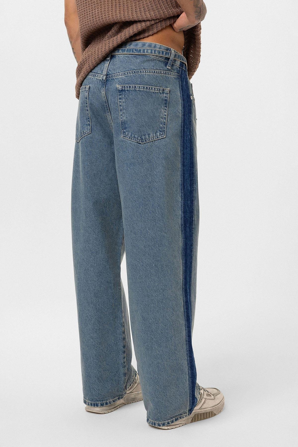 Kemer Detaylı Şeritli Baggy Jean Mavi Melanj