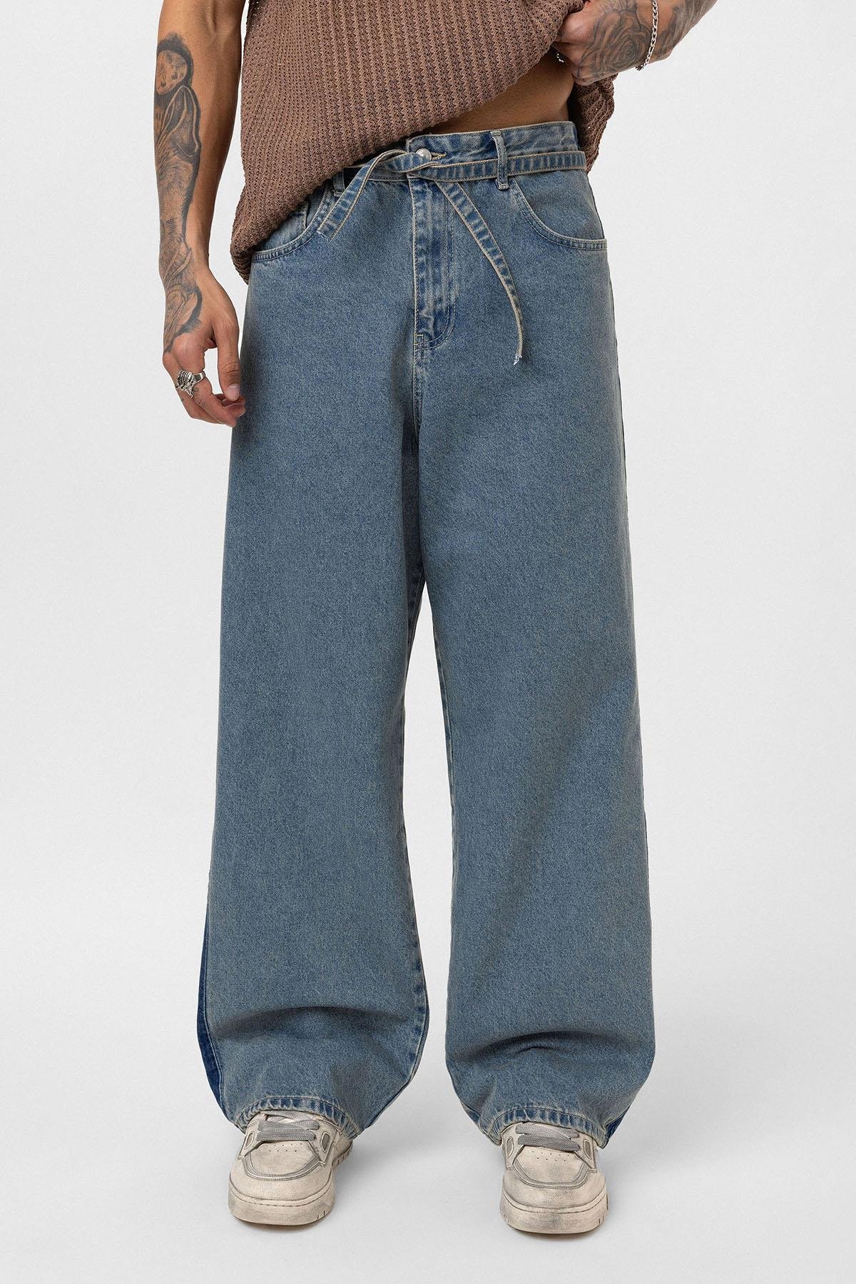 Kemer Detaylı Şeritli Baggy Jean Mavi Melanj