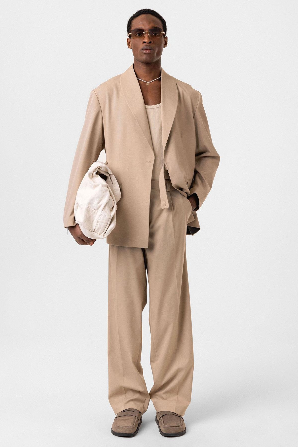 Kruvaze Kapama Oversize Takım Elbise Bej