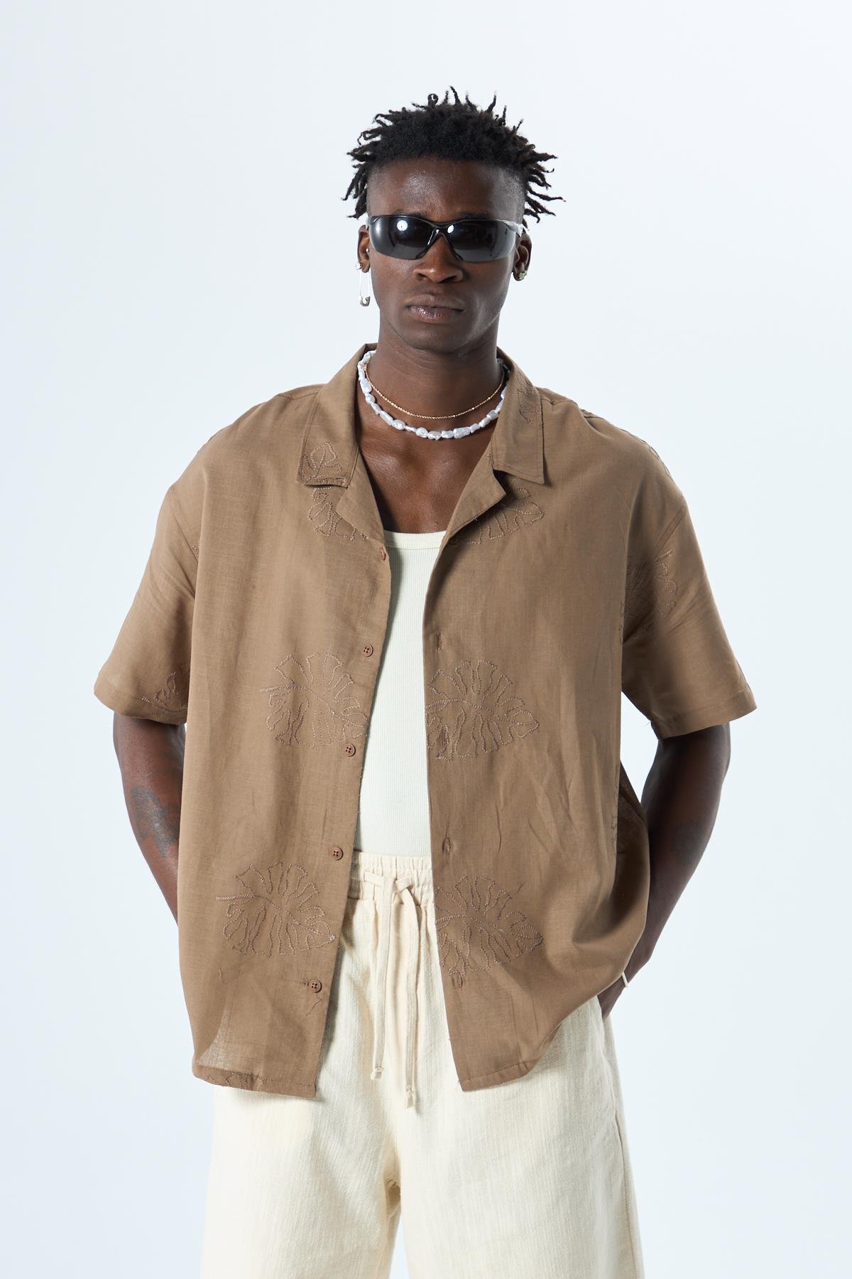 Nakış Detaylı Oversize Keten Gömlek Kahve