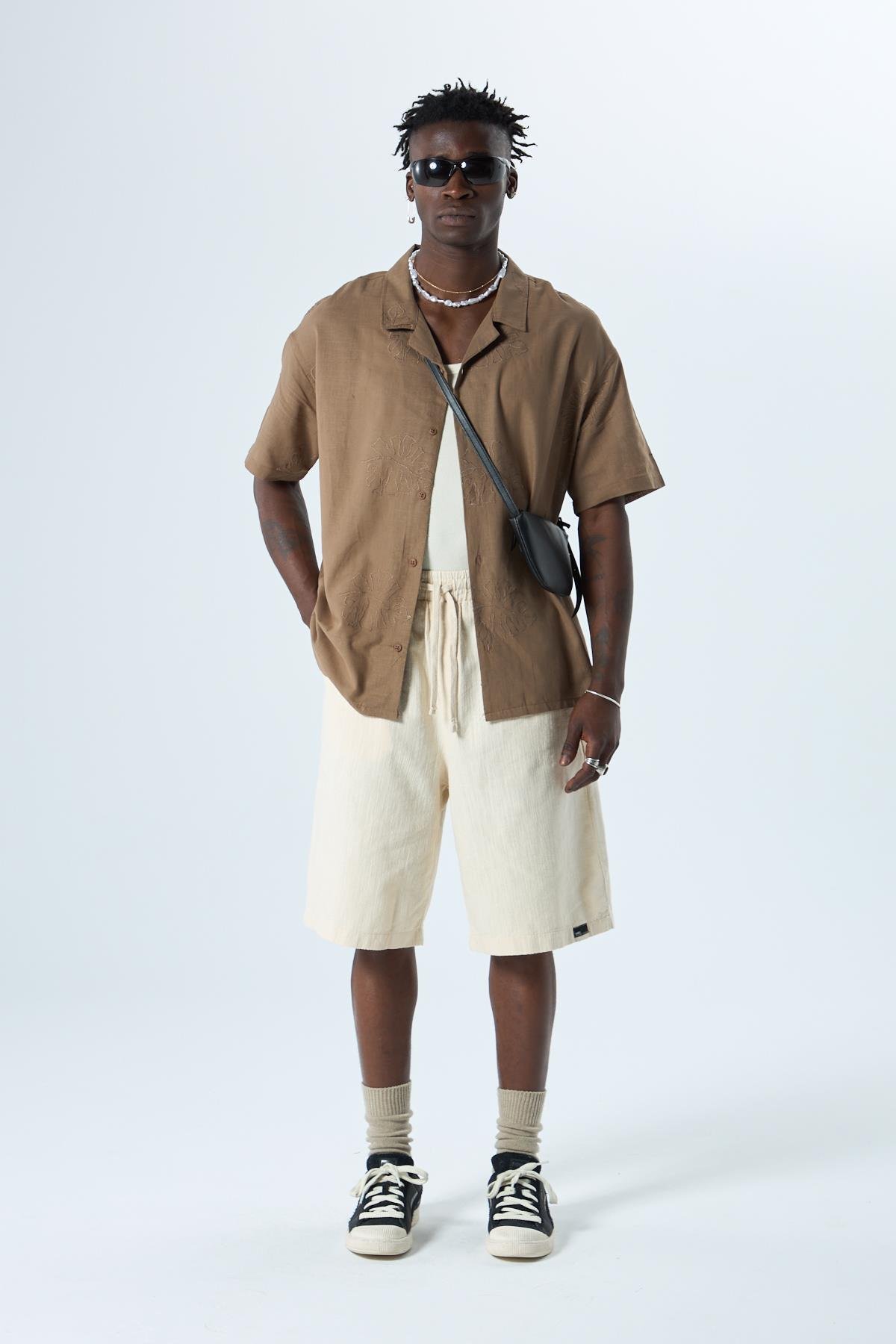 Nakış Detaylı Oversize Keten Gömlek Kahve