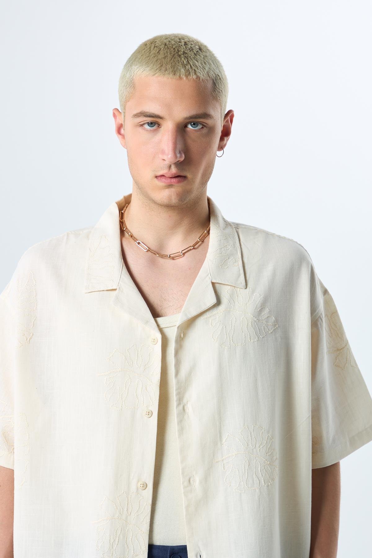 Nakış Detaylı Oversize Keten Gömlek Naturel