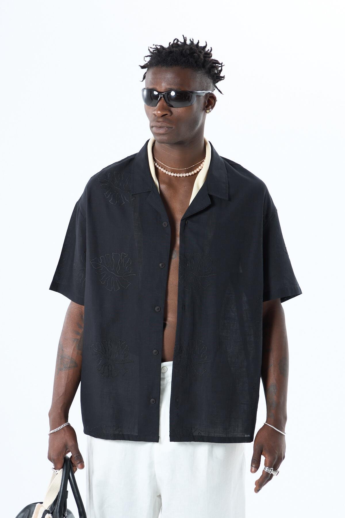 Nakış Detaylı Oversize Keten Gömlek Siyah