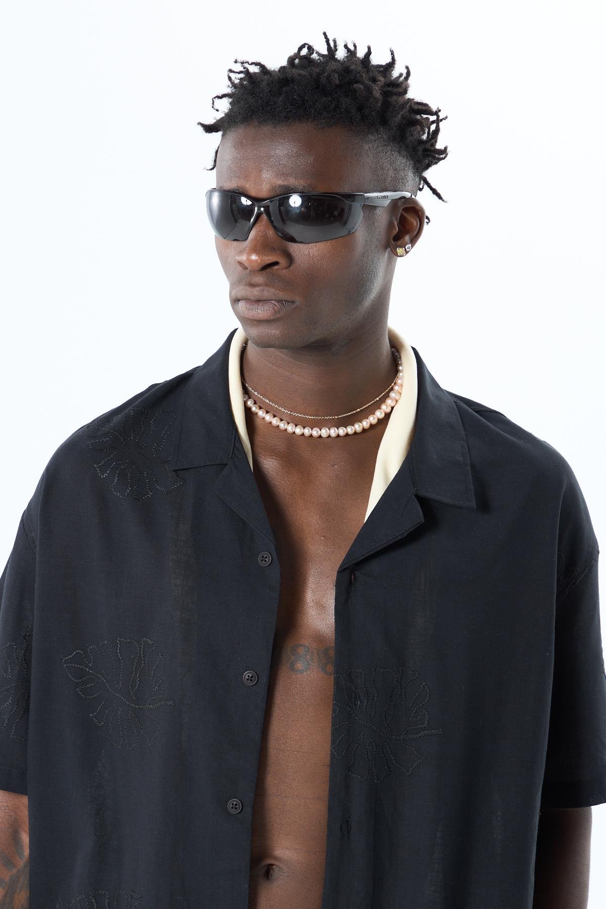 Nakış Detaylı Oversize Keten Gömlek Siyah