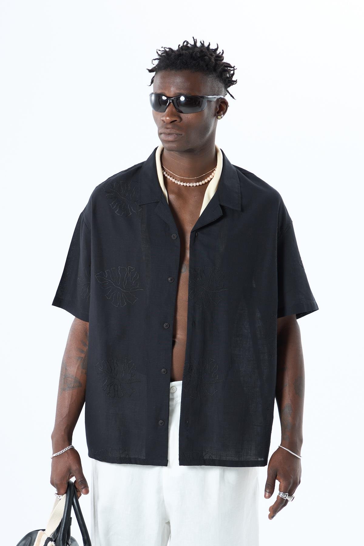 Nakış Detaylı Oversize Keten Gömlek Siyah