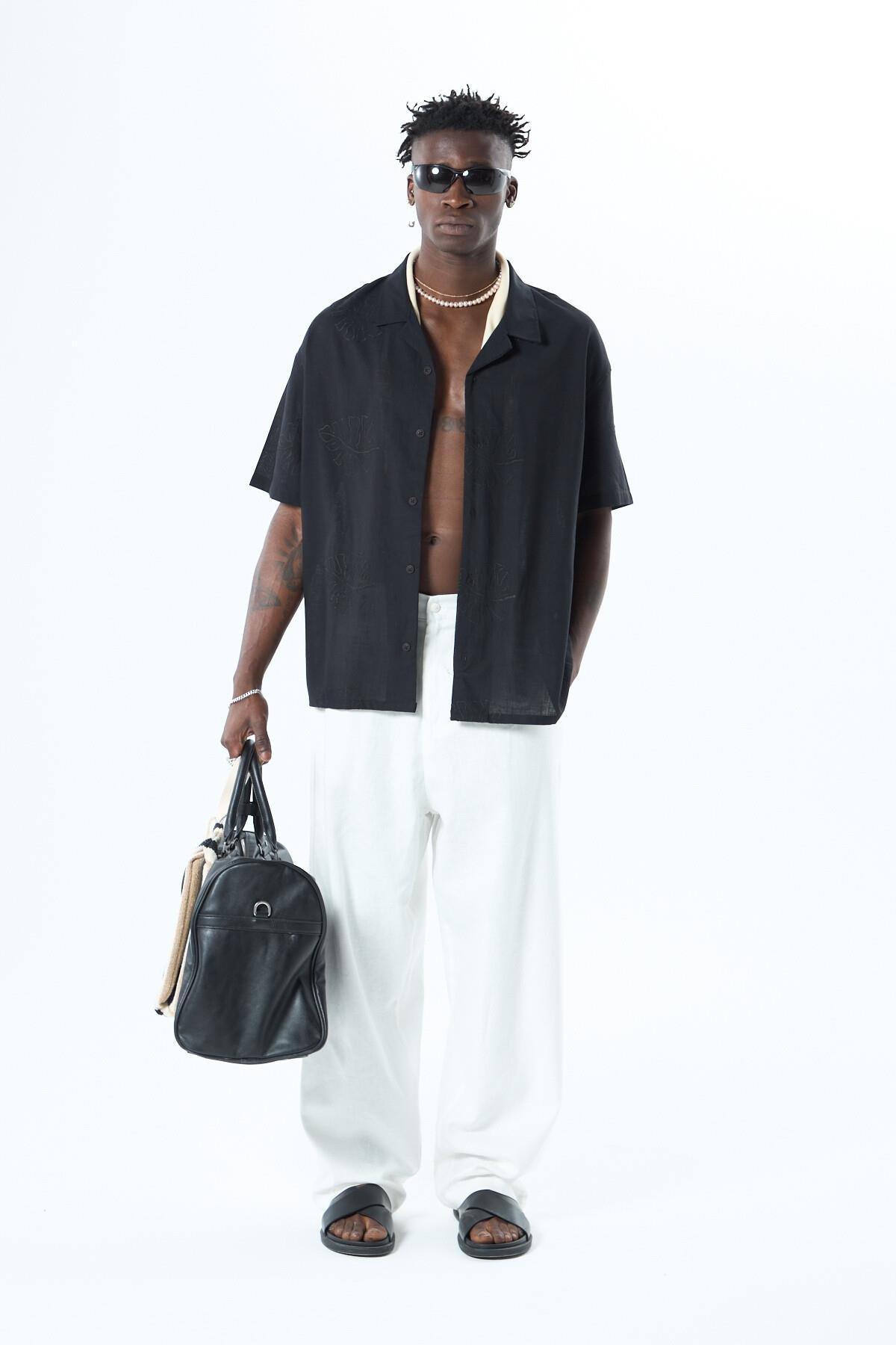 Nakış Detaylı Oversize Keten Gömlek Siyah