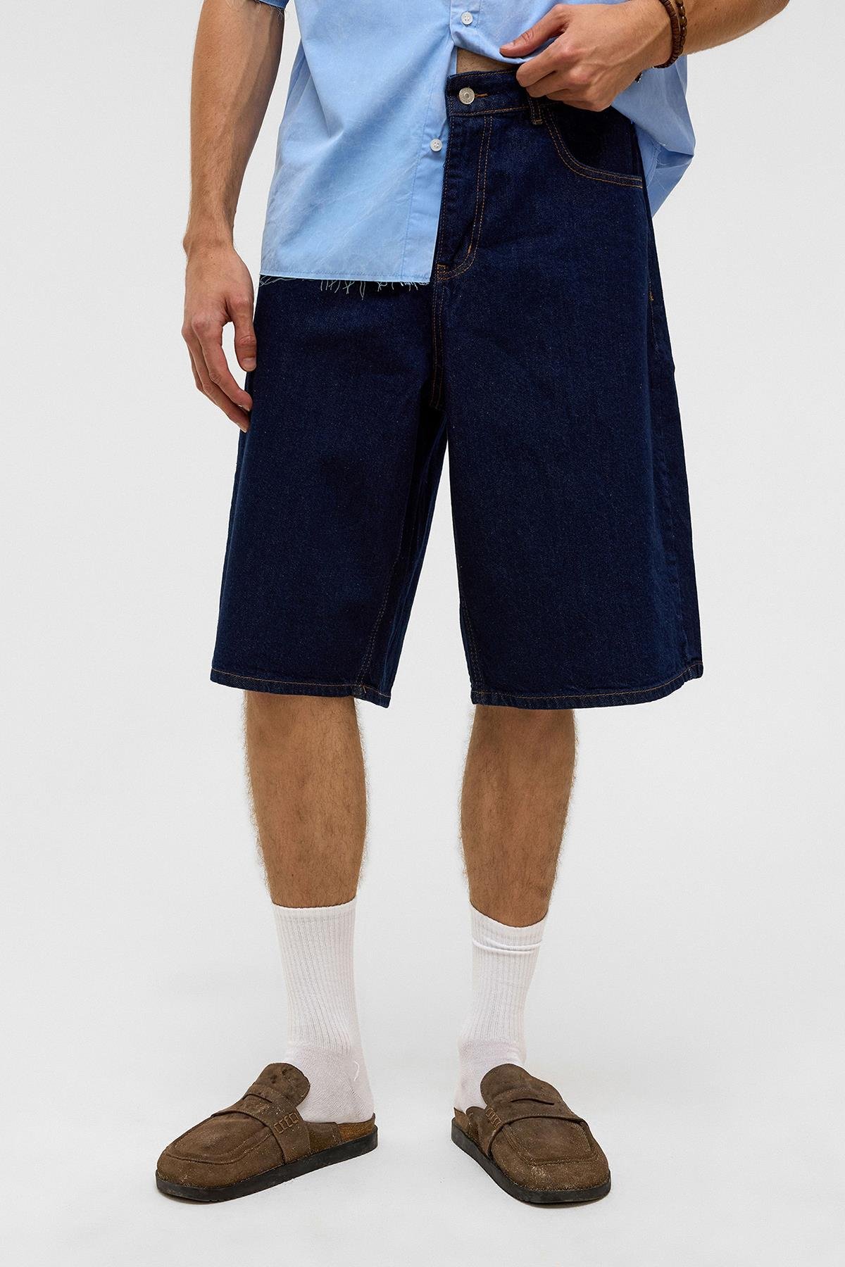 Oversize Bermuda Denim Şort Koyu Mavi