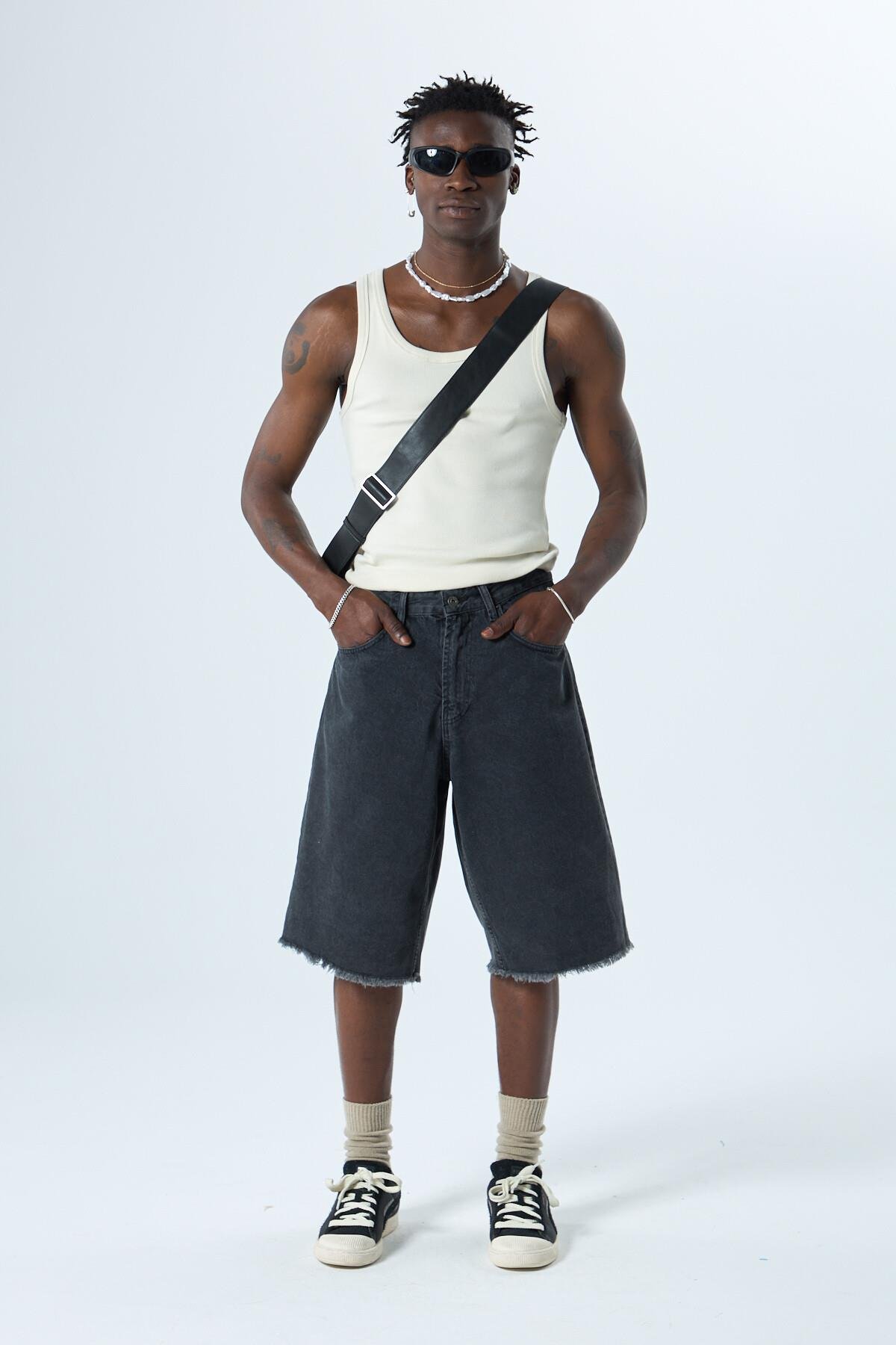 Oversize Bermuda Denim Şort Siyah