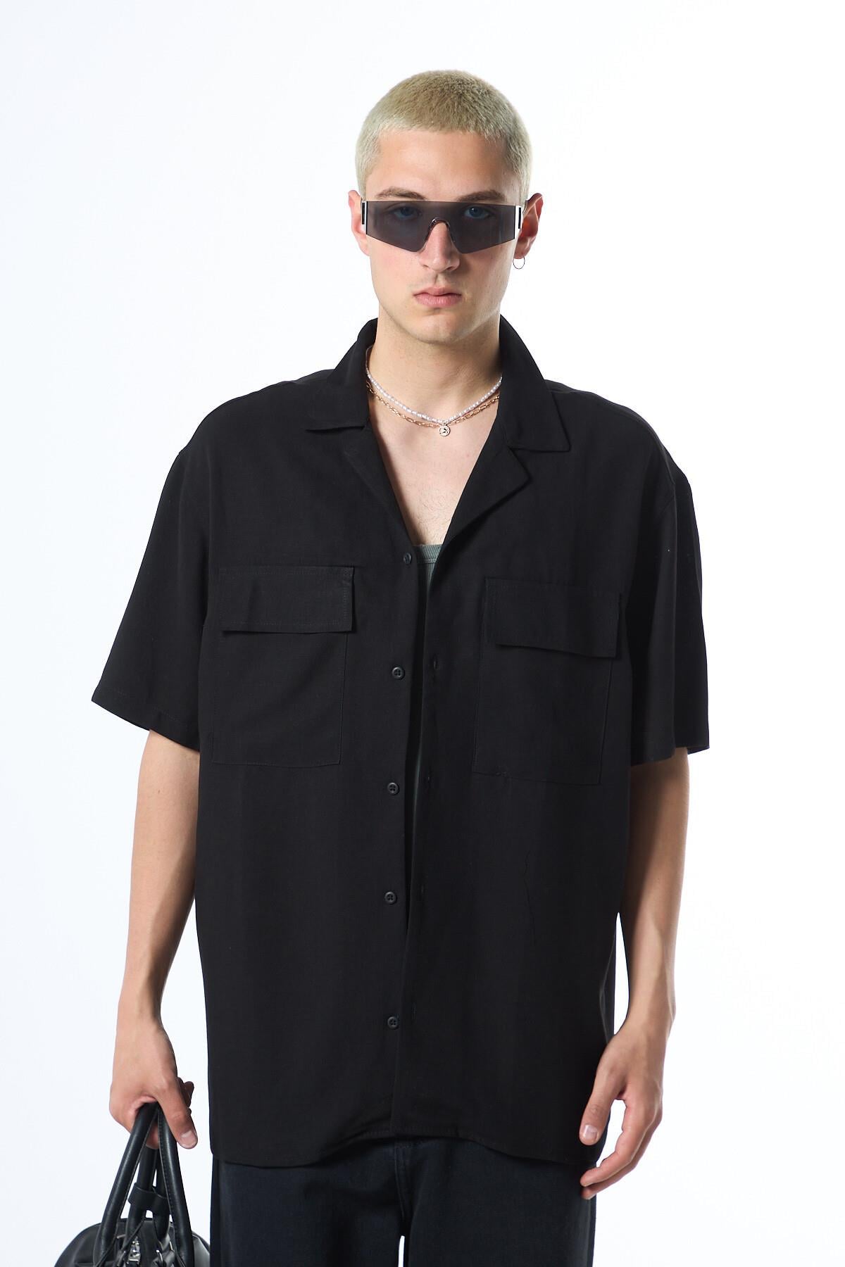 Oversize Çift Cepli Kısa Kol Keten Gömlek Siyah