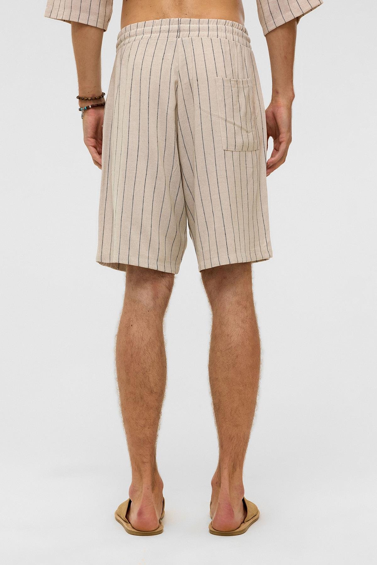 Oversize Çizgili Keten Şort Siyah