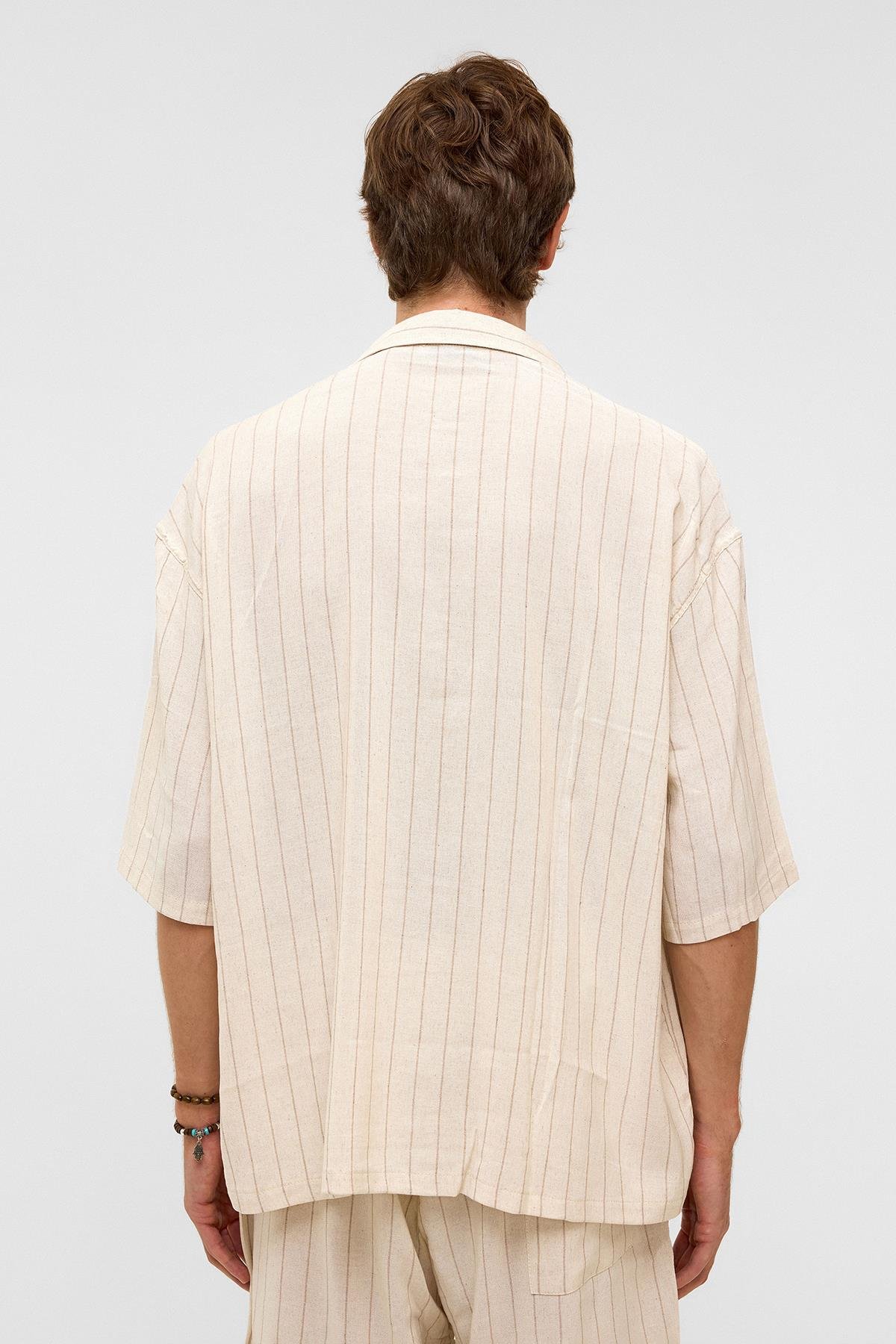 Oversize Çizgili Kısa Kollu Keten Gömlek Vizon