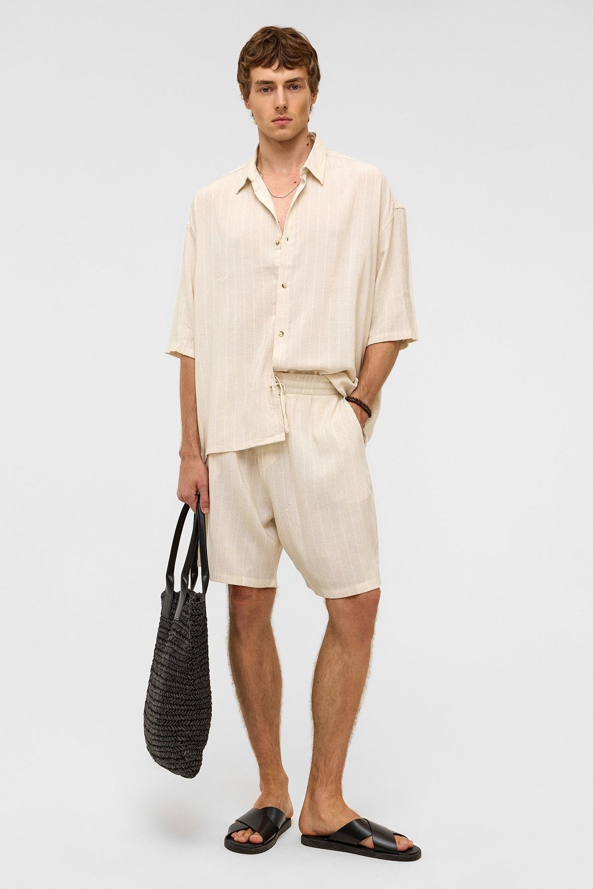 Oversize Çizgili Kısa Kollu Keten Gömlek Beyaz