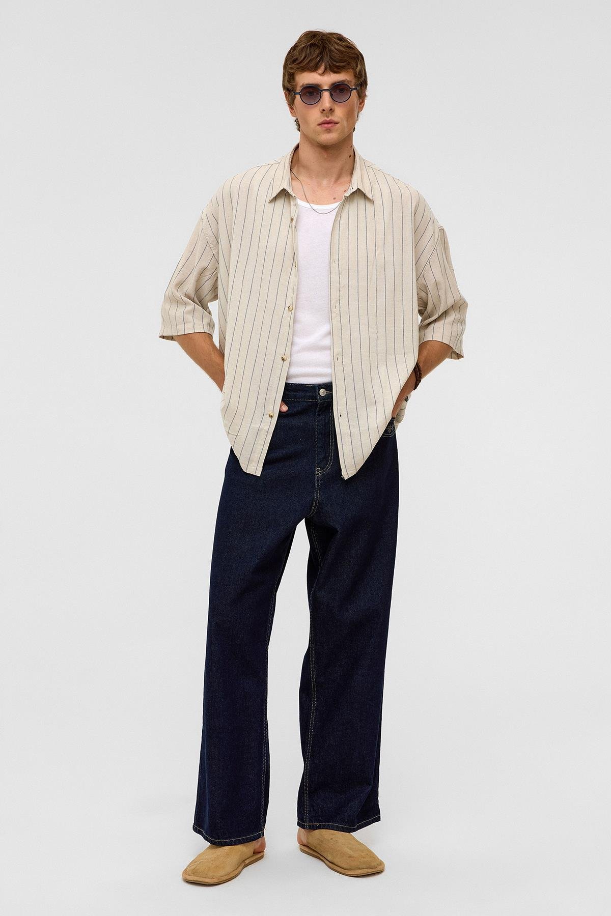 Oversize Çizgili Kısa Kollu Keten Gömlek İndigo