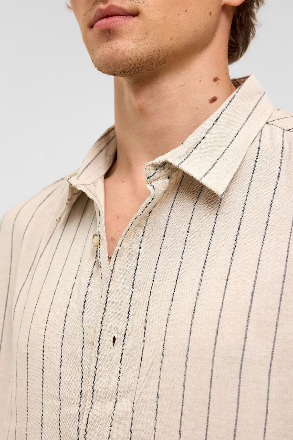 Oversize Çizgili Kısa Kollu Keten Gömlek Siyah