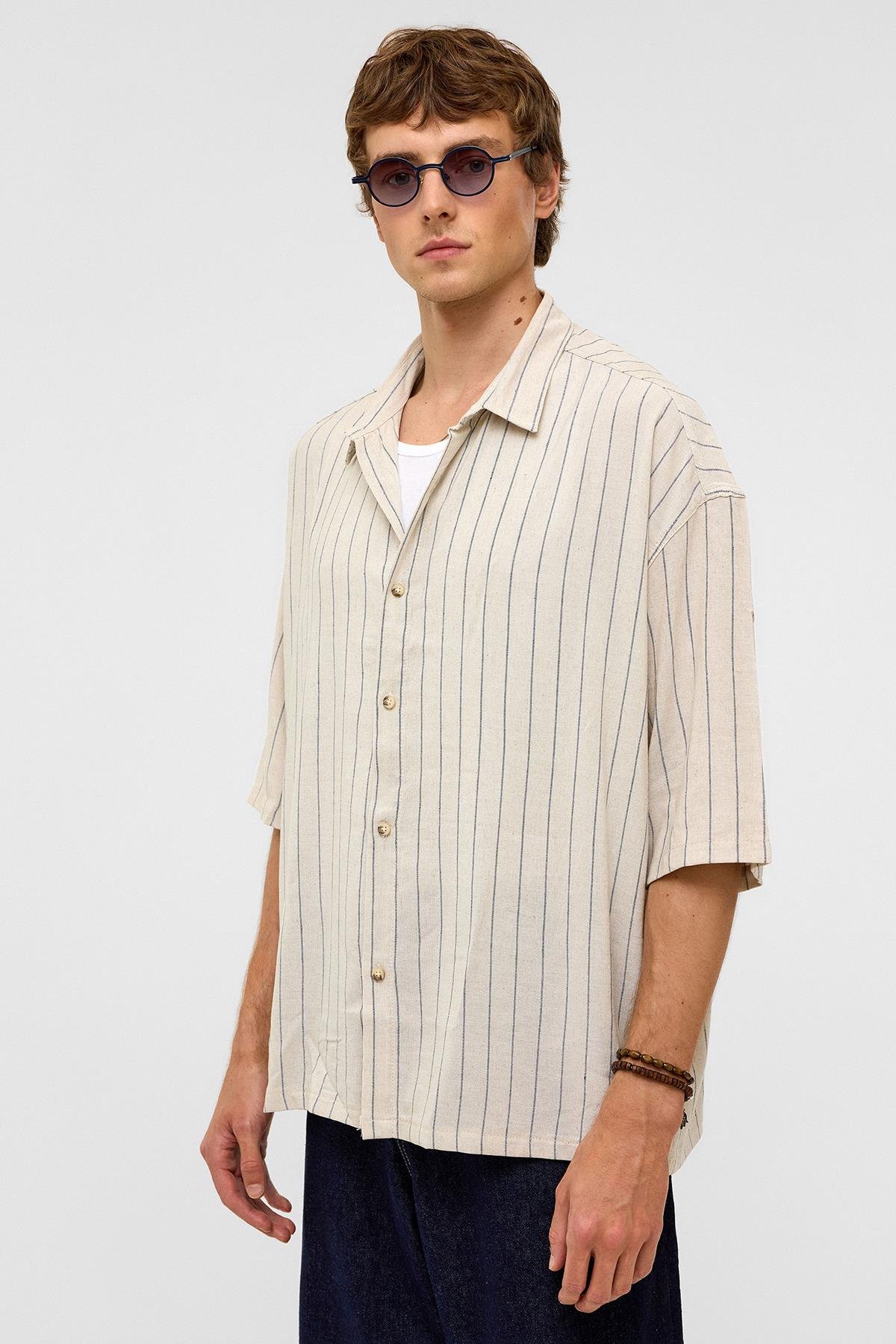 Oversize Çizgili Kısa Kollu Keten Gömlek İndigo