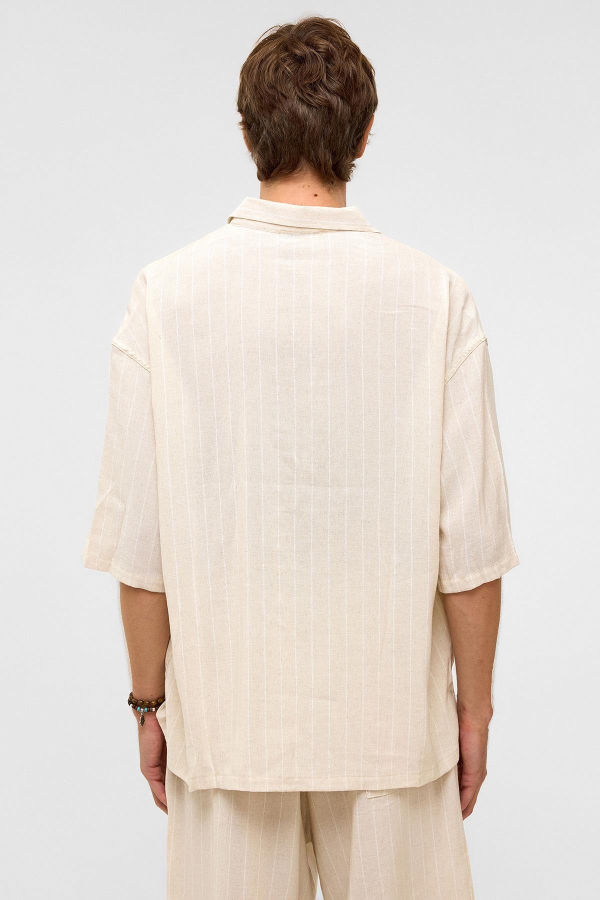 Oversize Çizgili Kısa Kollu Keten Gömlek Beyaz