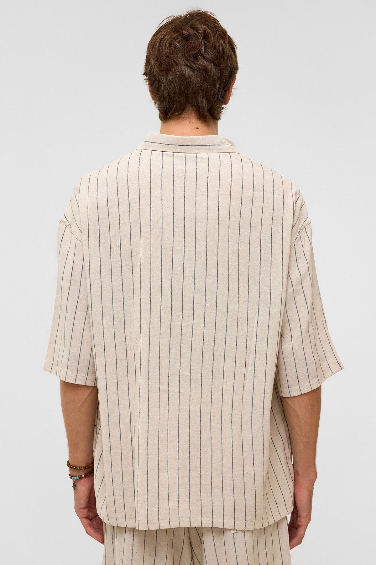 Oversize Çizgili Kısa Kollu Keten Gömlek Siyah