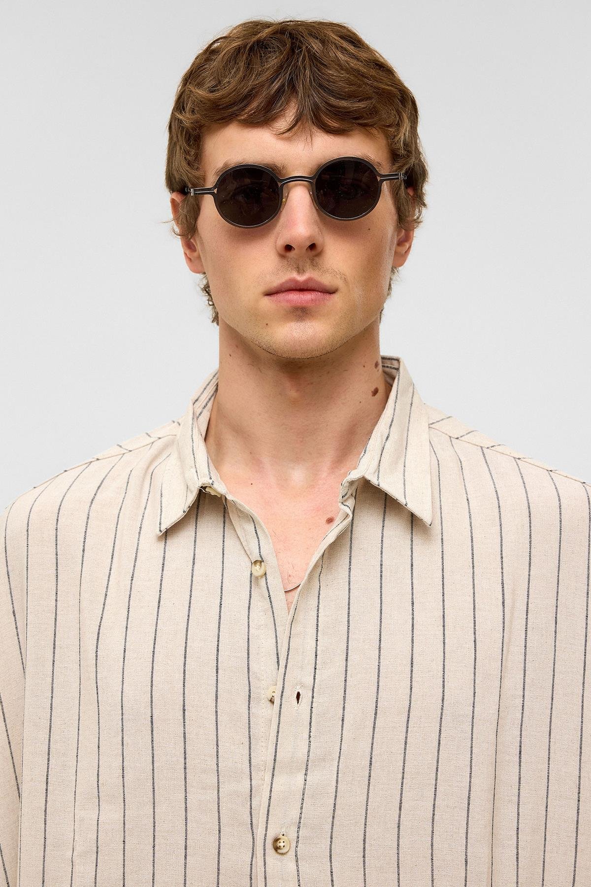 Oversize Çizgili Kısa Kollu Keten Gömlek Siyah