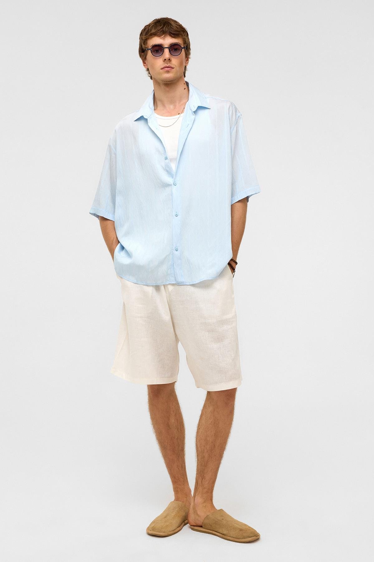 Oversize Çizgili Kısa Kollu Modal Kumaş Gömlek Bebe Mavi