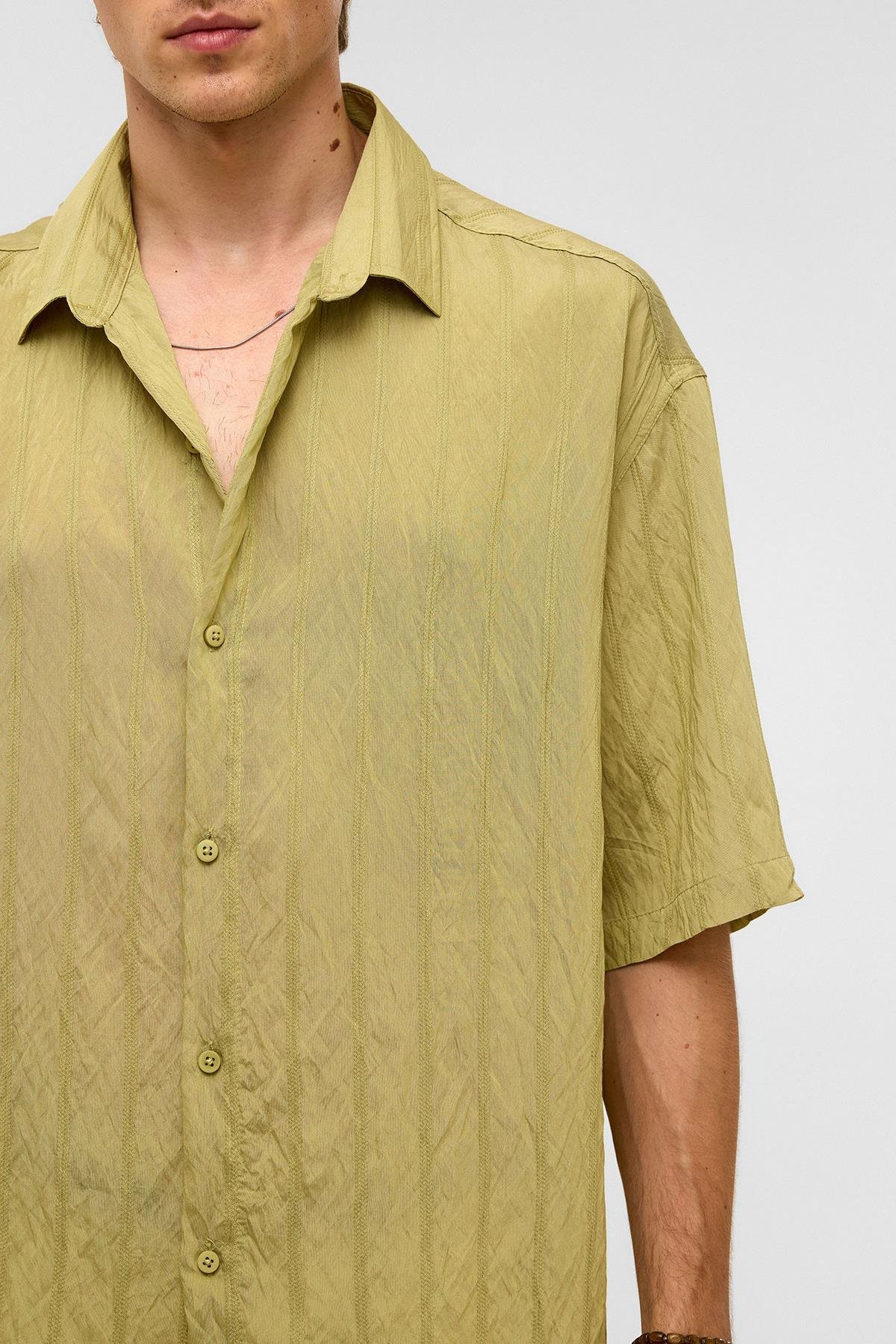 Oversize Çizgili Kısa Kollu Modal Kumaş Gömlek Yeşil