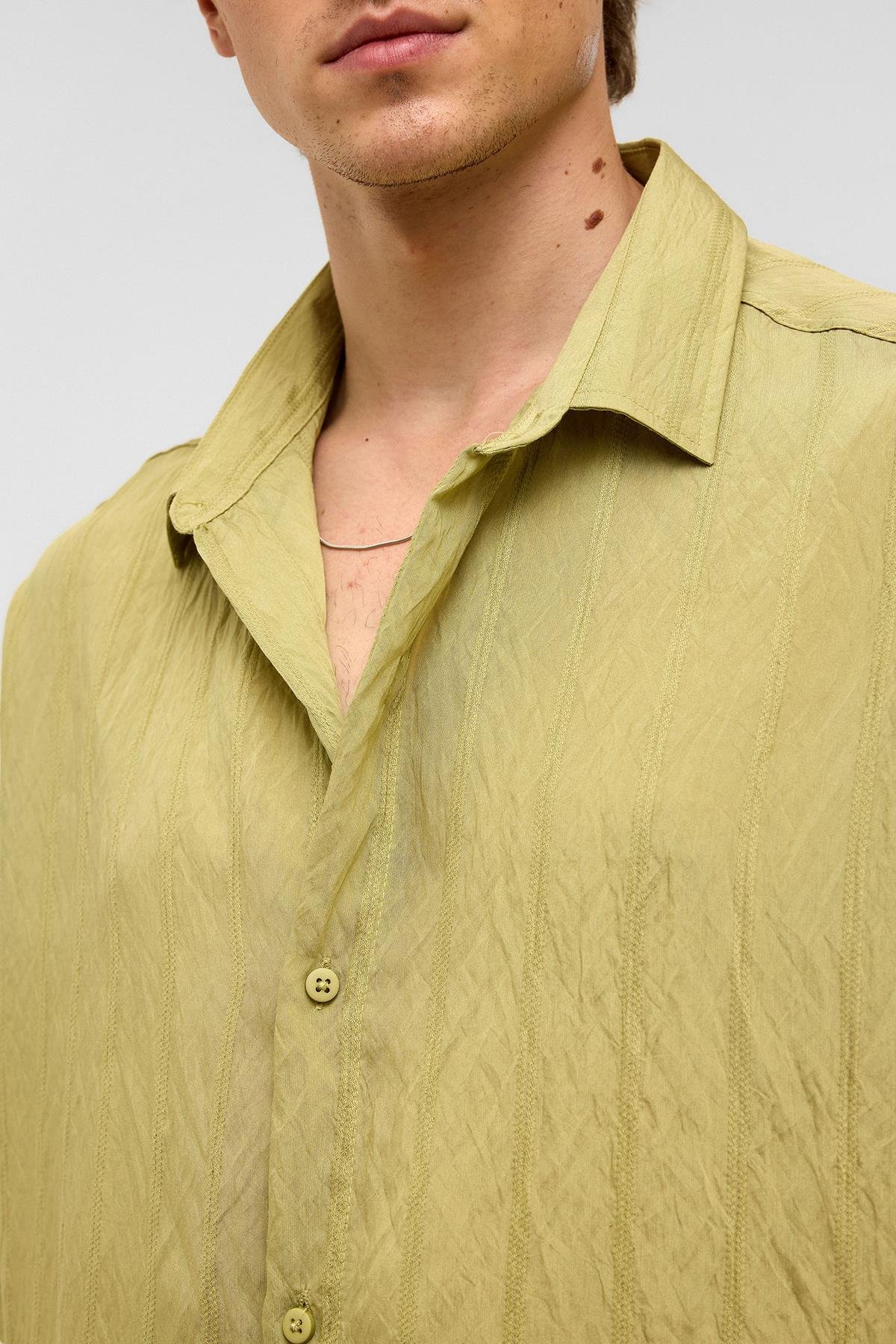 Oversize Çizgili Kısa Kollu Modal Kumaş Gömlek Yeşil