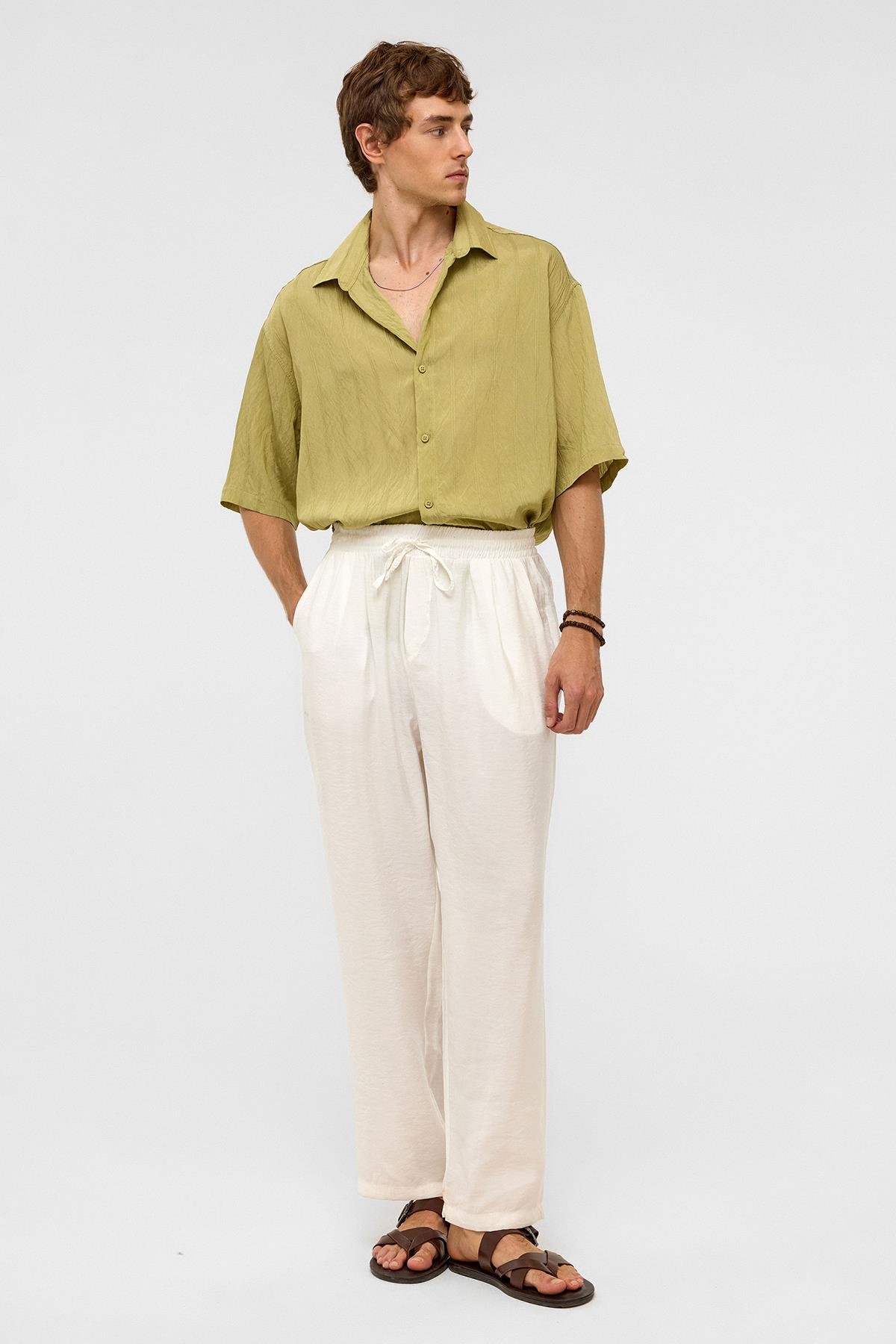 Oversize Çizgili Kısa Kollu Modal Kumaş Gömlek Yeşil