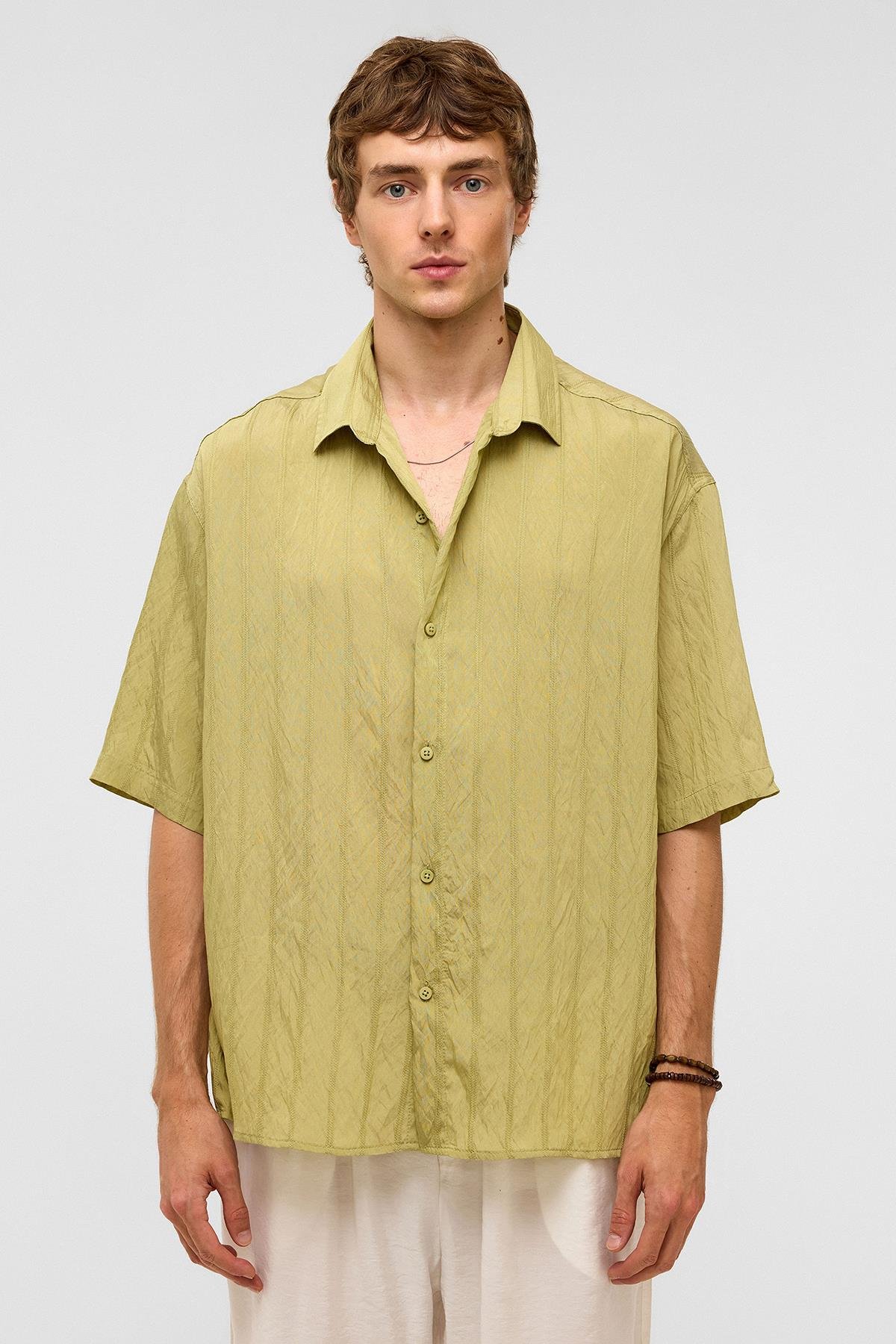 Oversize Çizgili Kısa Kollu Modal Kumaş Gömlek Yeşil