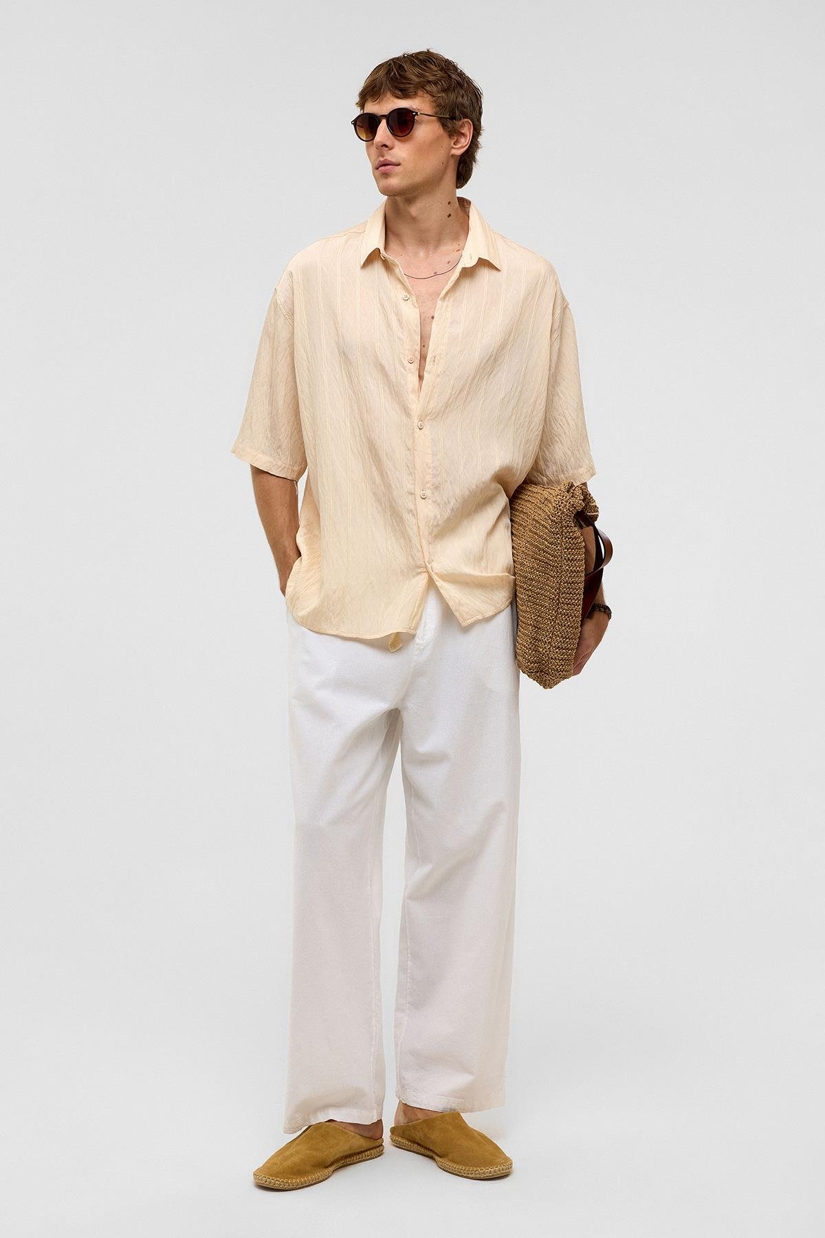 Oversize Çizgili Kısa Kollu Modal Kumaş Gömlek Bej