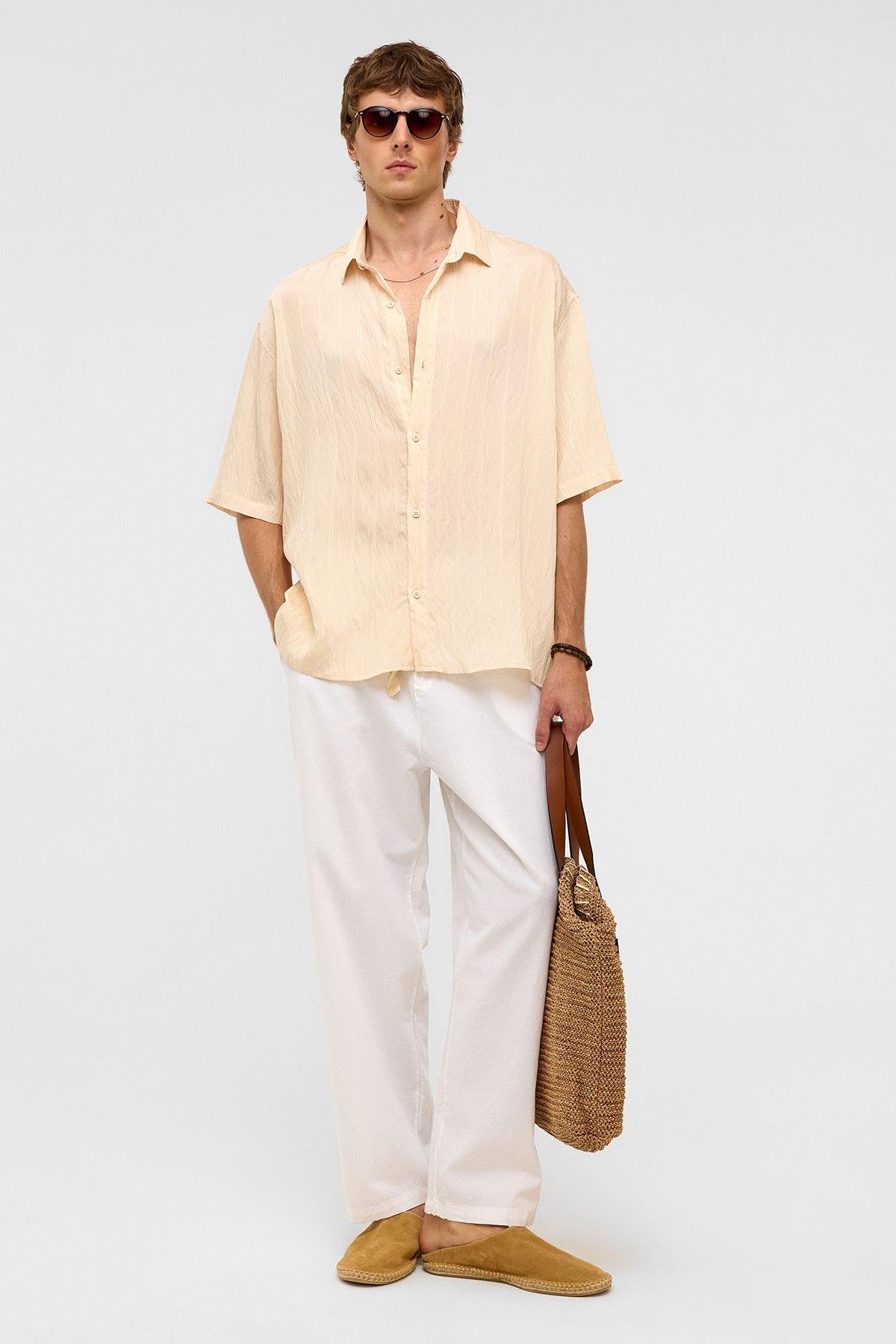 Oversize Çizgili Kısa Kollu Modal Kumaş Gömlek Bej