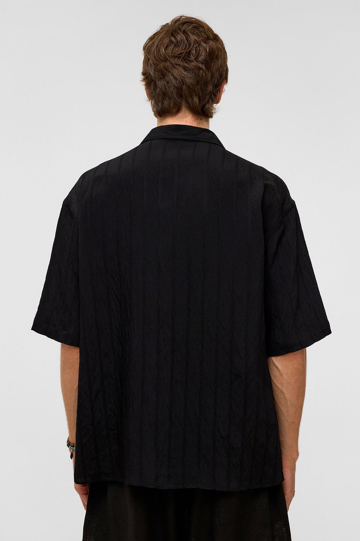 Oversize Çizgili Kısa Kollu Modal Kumaş Gömlek Siyah