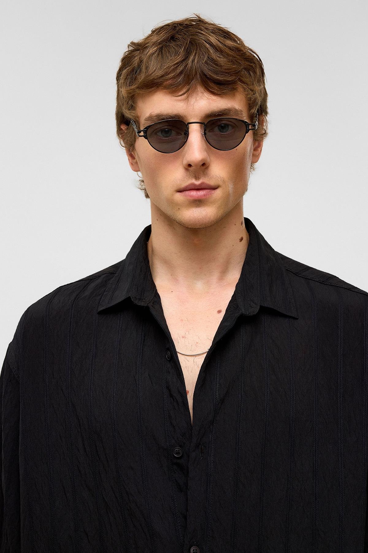 Oversize Çizgili Kısa Kollu Modal Kumaş Gömlek Siyah