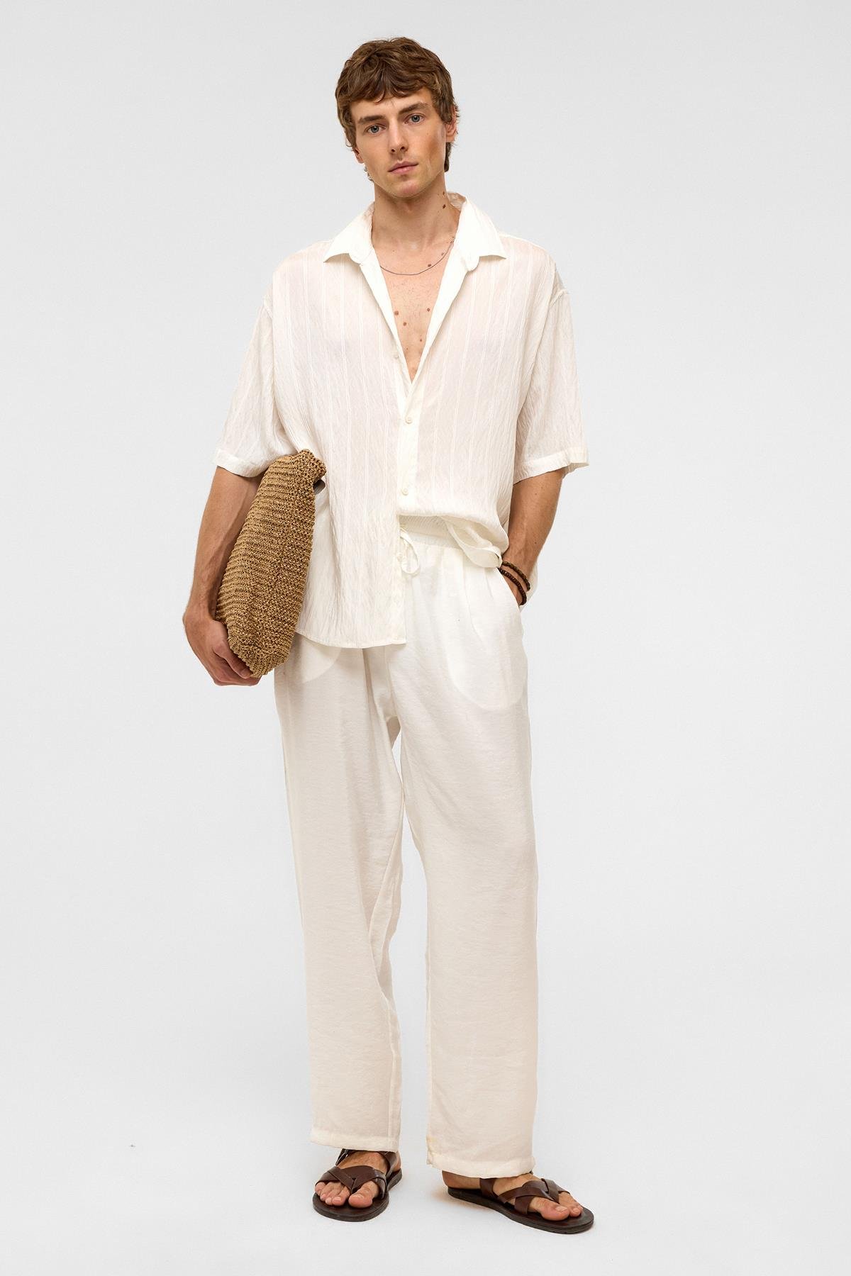 Oversize Çizgili Kısa Kollu Modal Kumaş Gömlek Beyaz