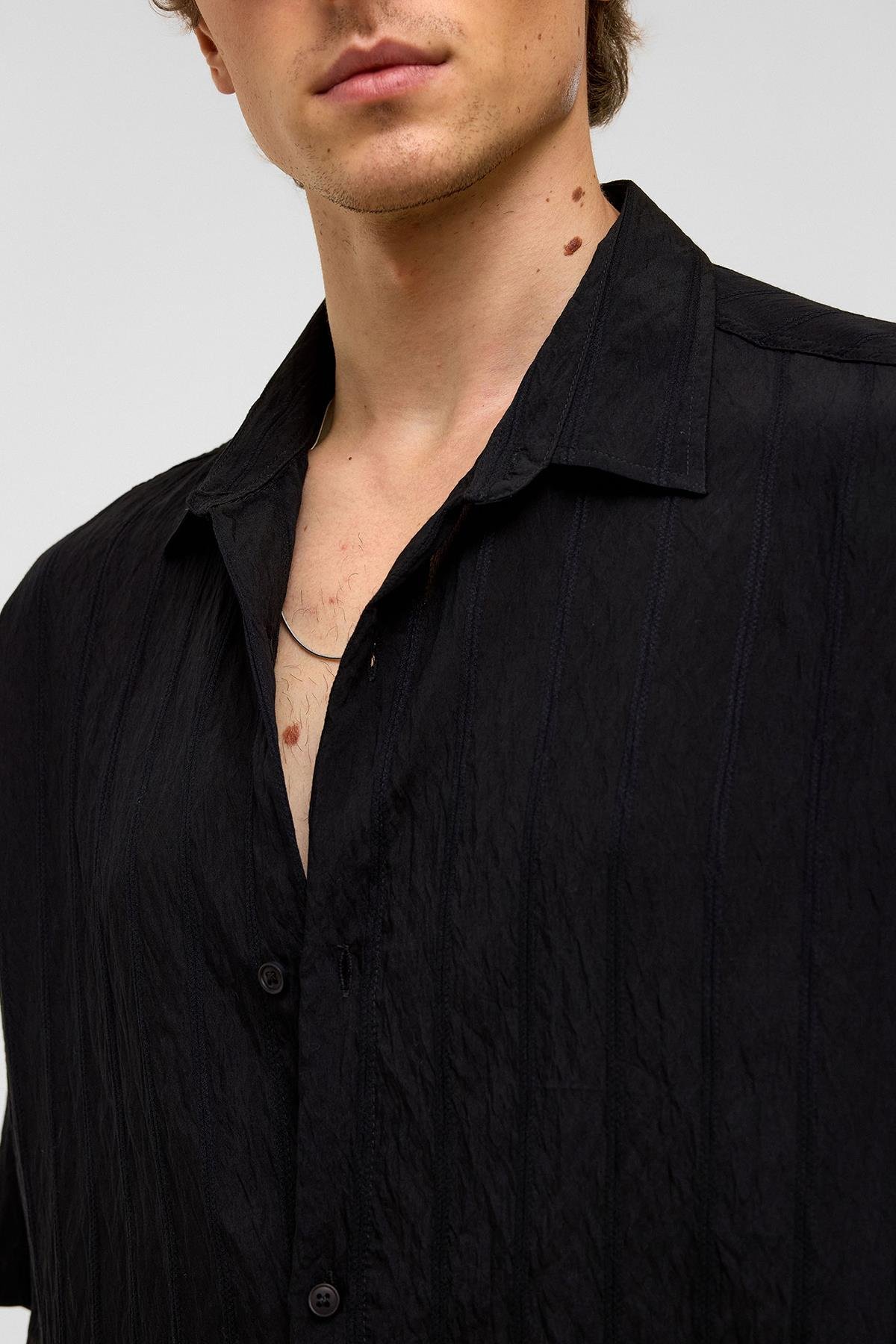 Oversize Çizgili Kısa Kollu Modal Kumaş Gömlek Siyah