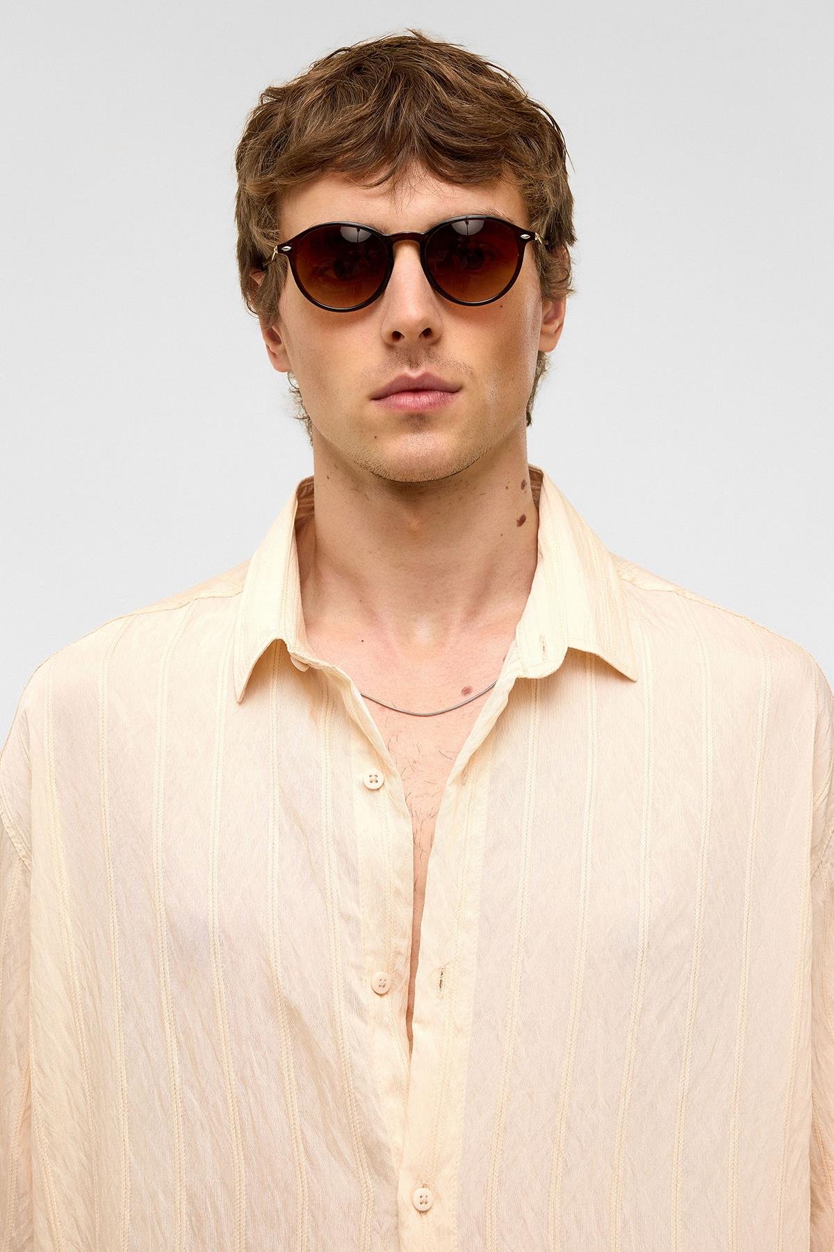 Oversize Çizgili Kısa Kollu Modal Kumaş Gömlek Bej